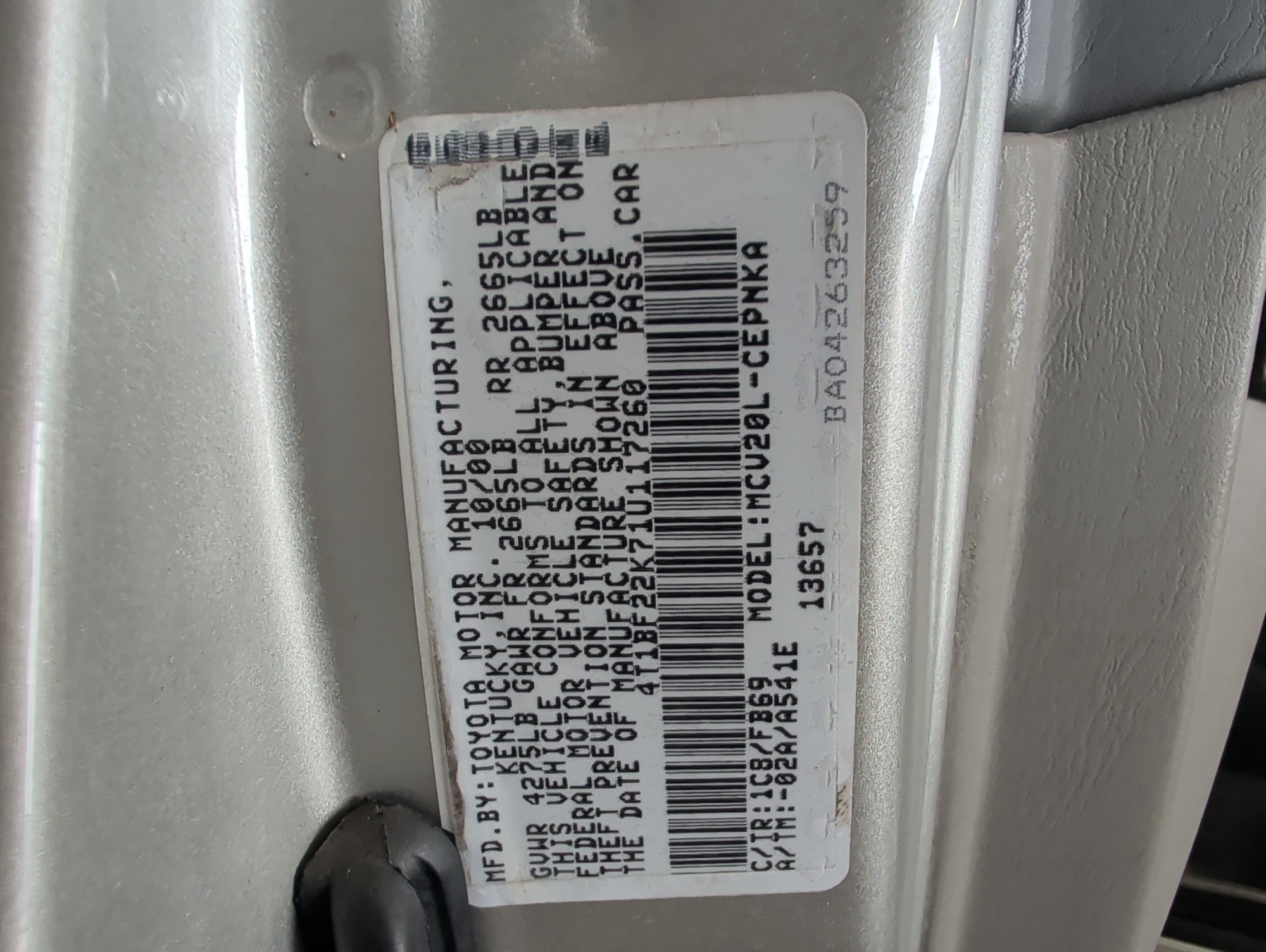 2001 toyota camry le-v6 with 106892 miles for sale near elk-river, minnesota 106458_47_door_vin_sticker.jpg