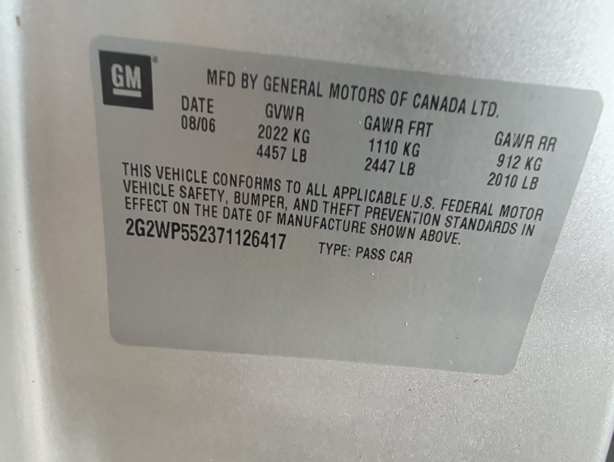 2007 pontiac grand-prix sedan with 184147 miles for sale near elk-river, minnesota 106461_47_door_vin_sticker.jpg