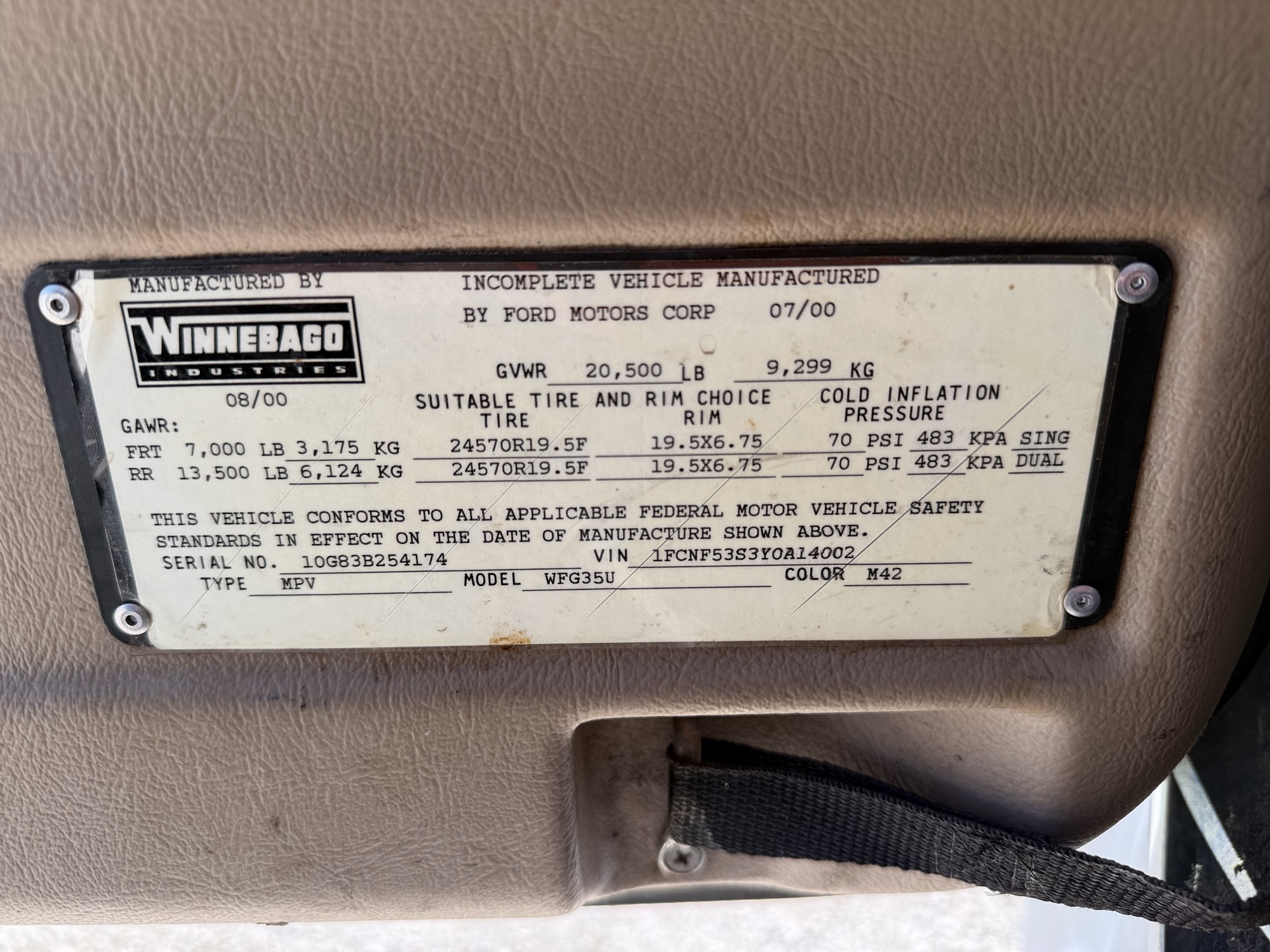 2000 ford stripped-chassis-motorhome - with 64127 miles for sale near elk-river, minnesota 106462_47_door_vin_sticker.jpg
