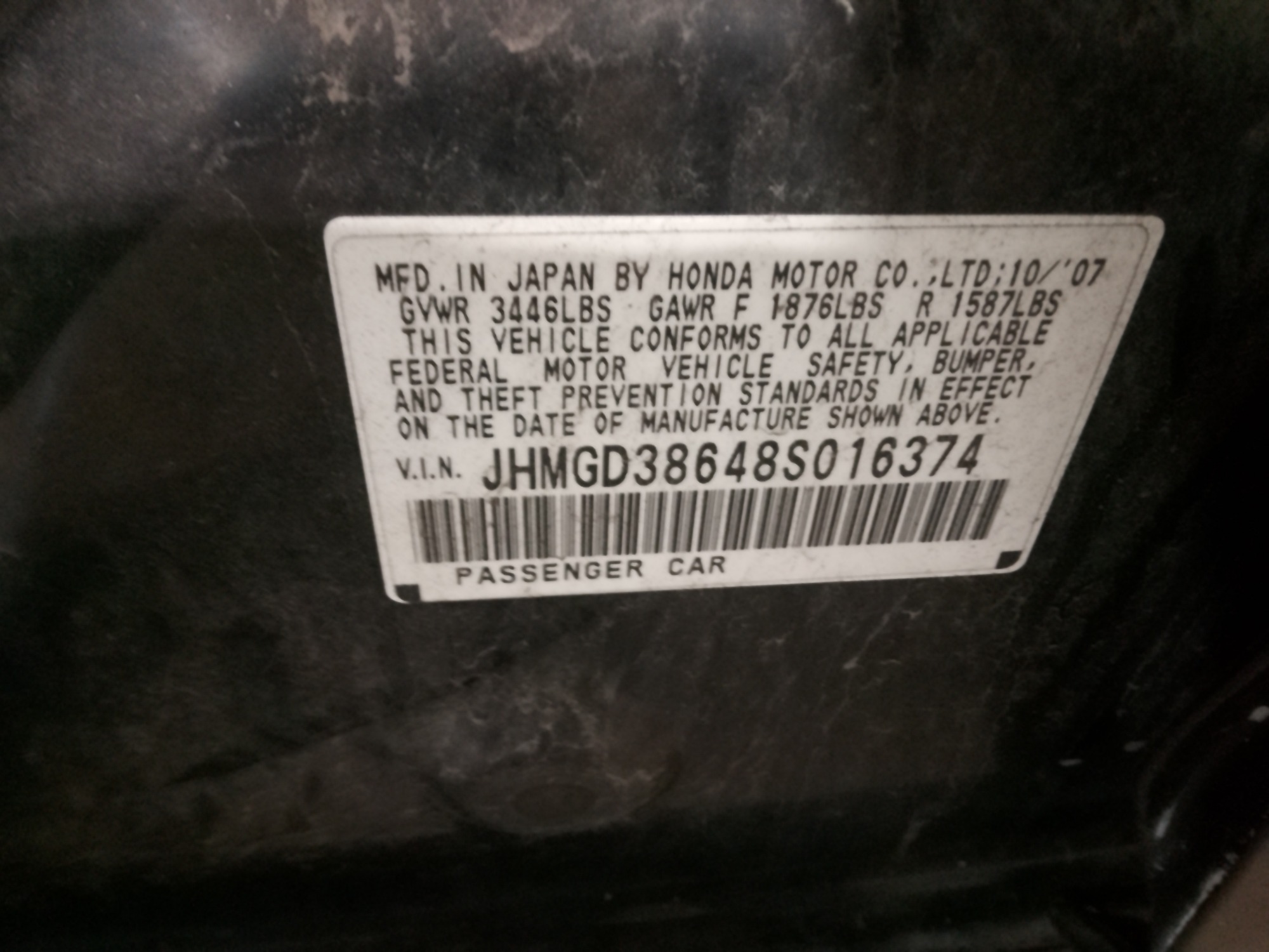 2008 honda fit sport-5-speed-at with 133721 miles for sale near elk-river, minnesota 106467_47_door_vin_sticker.jpg