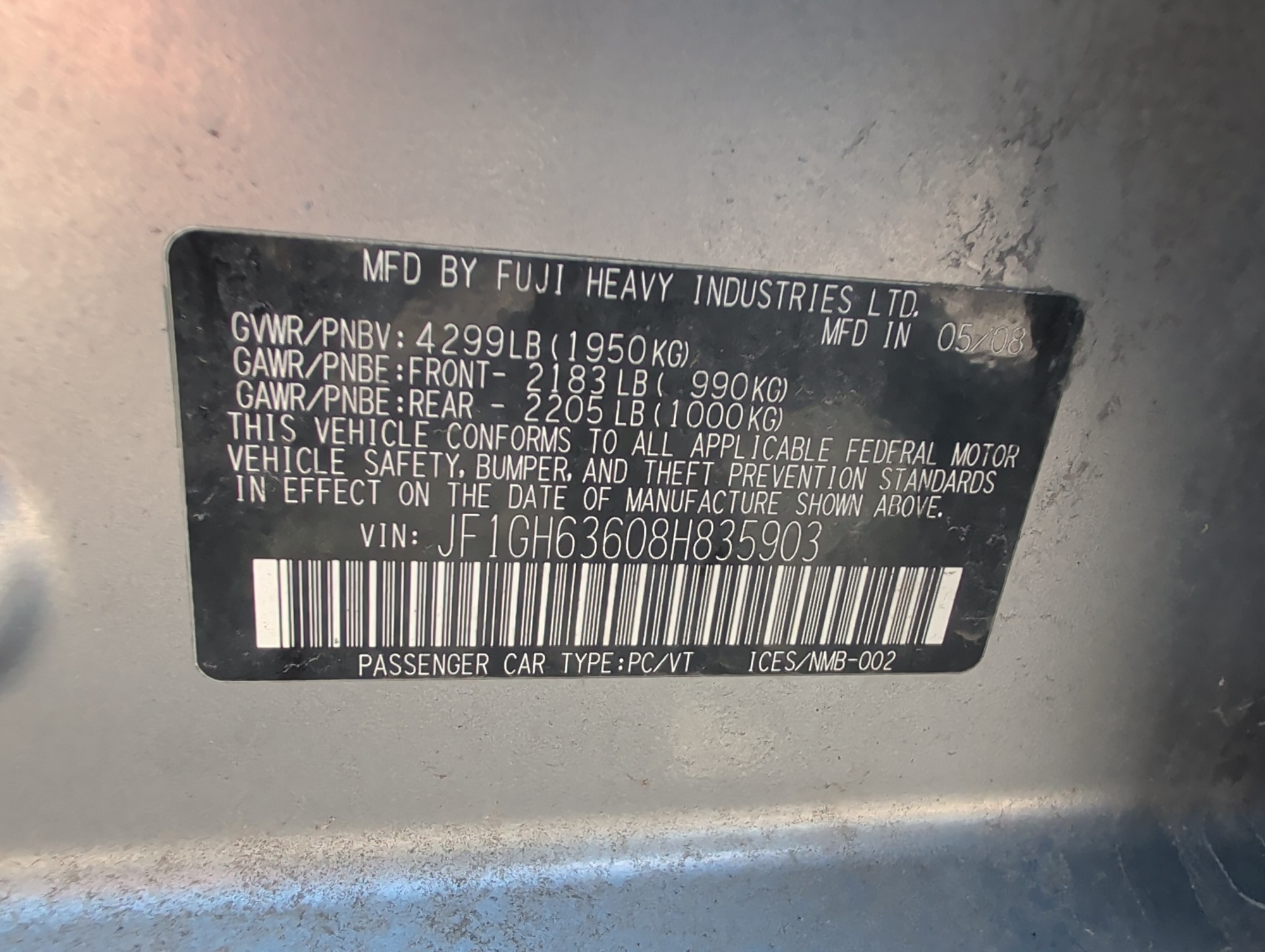 2008 subaru outback sport with 178675 miles for sale near elk-river, minnesota 106473_47_door_vin_sticker.jpg
