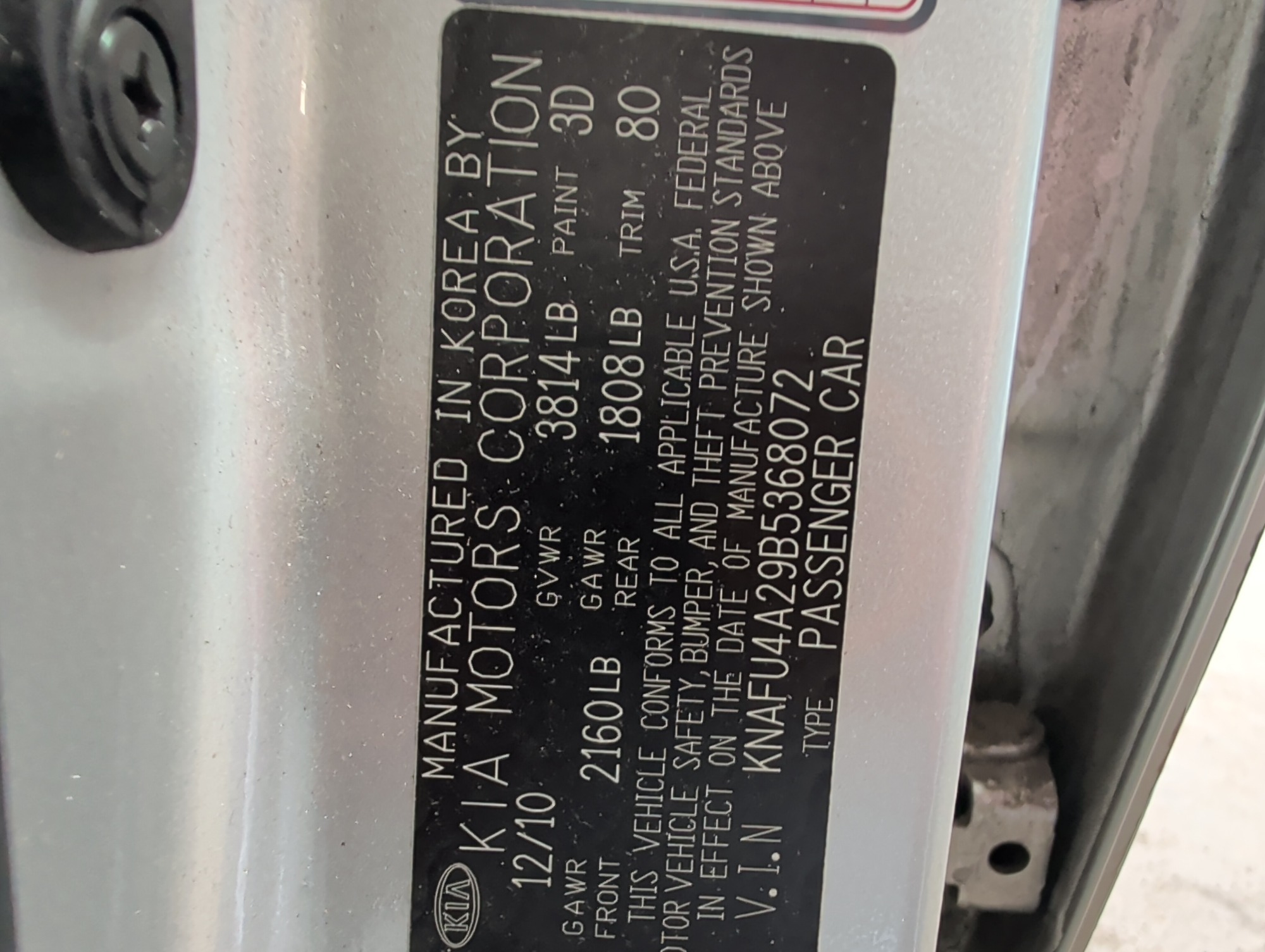2011 kia forte ex with 132365 miles for sale near elk-river, minnesota 106477_47_door_vin_sticker.jpg