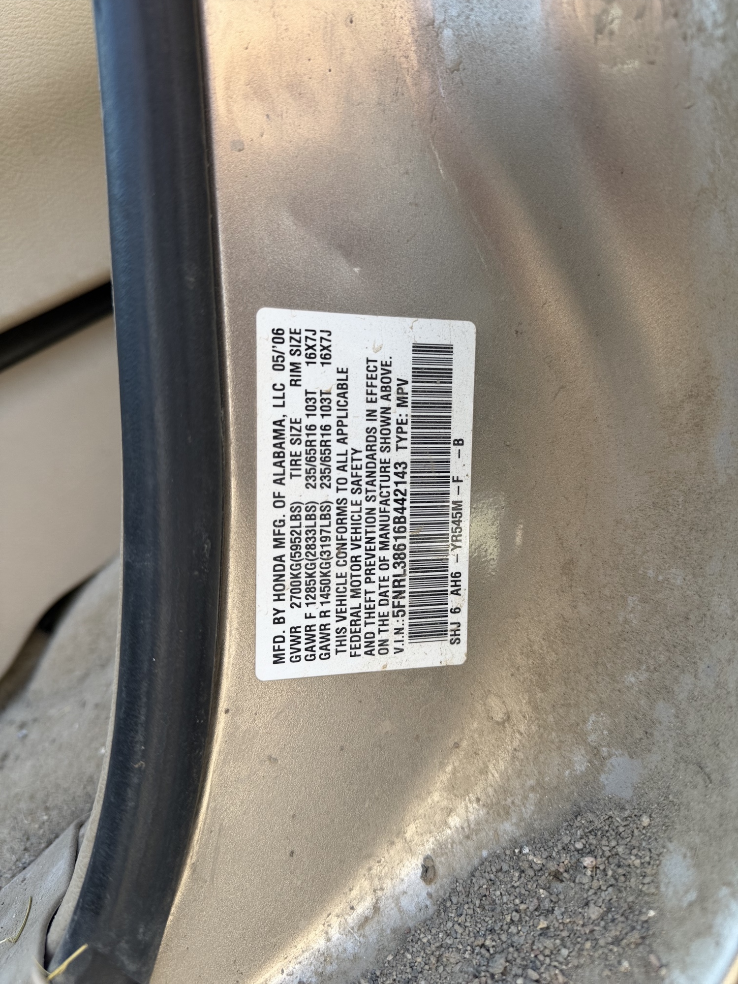2006 honda odyssey ex-l with 261539 miles for sale near elk-river, minnesota 106484_47_door_vin_sticker.jpg