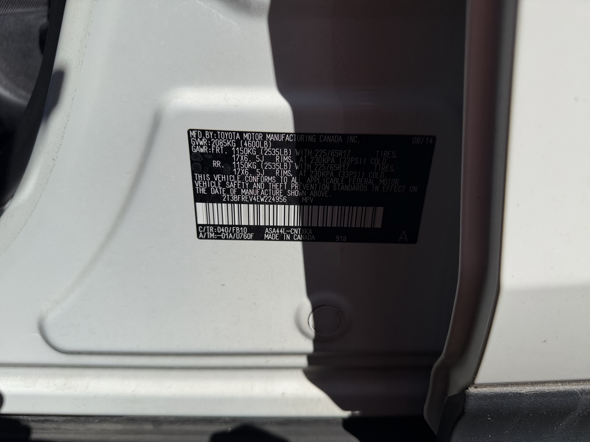 2014 toyota rav4 le-awd with 241220 miles for sale near elk-river, minnesota 106485_47_door_vin_sticker.jpg