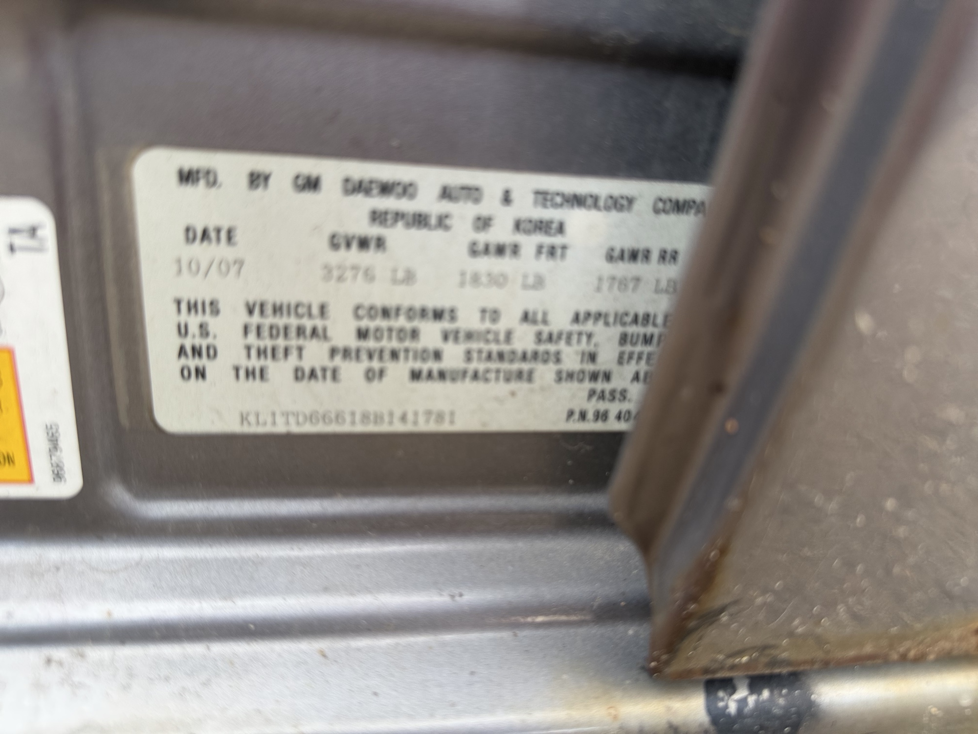 2008 chevrolet aveo5 ls with 134441 miles for sale near elk-river, minnesota 106487_47_door_vin_sticker.jpg