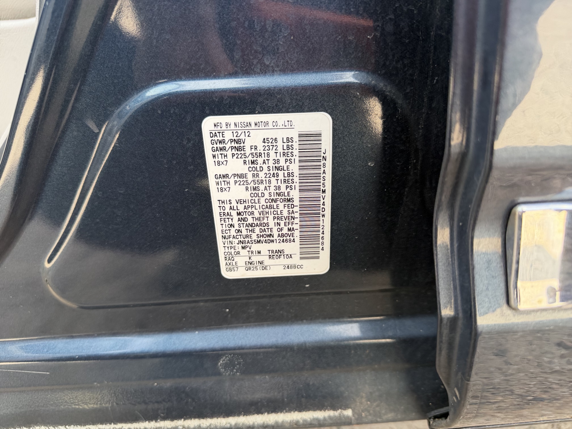 2013 nissan rogue s-awd with 108328 miles for sale near elk-river, minnesota 106488_47_door_vin_sticker.jpg