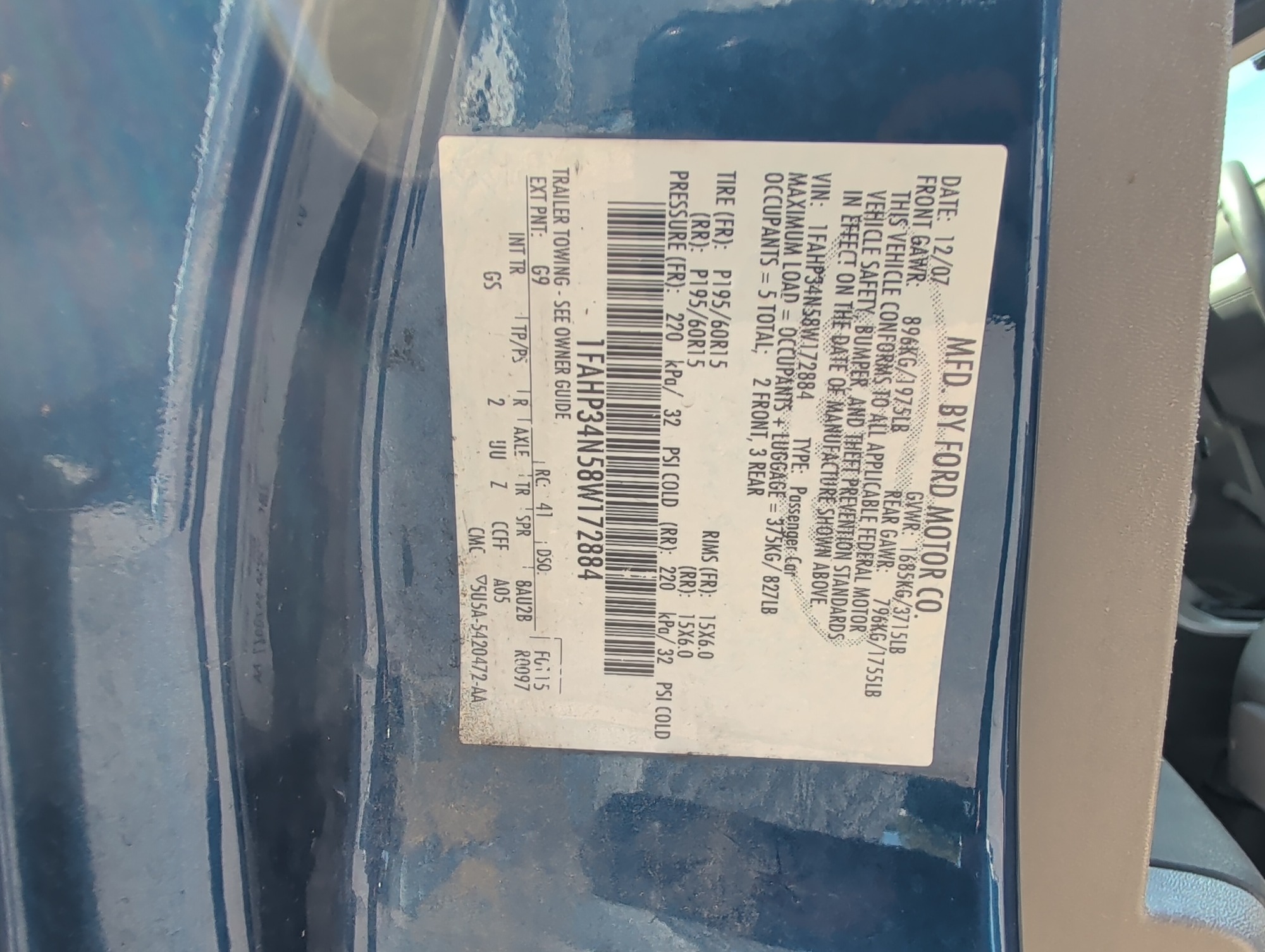 2008 ford focus se-sedan with 205187 miles for sale near elk-river, minnesota 106498_47_door_vin_sticker.jpg