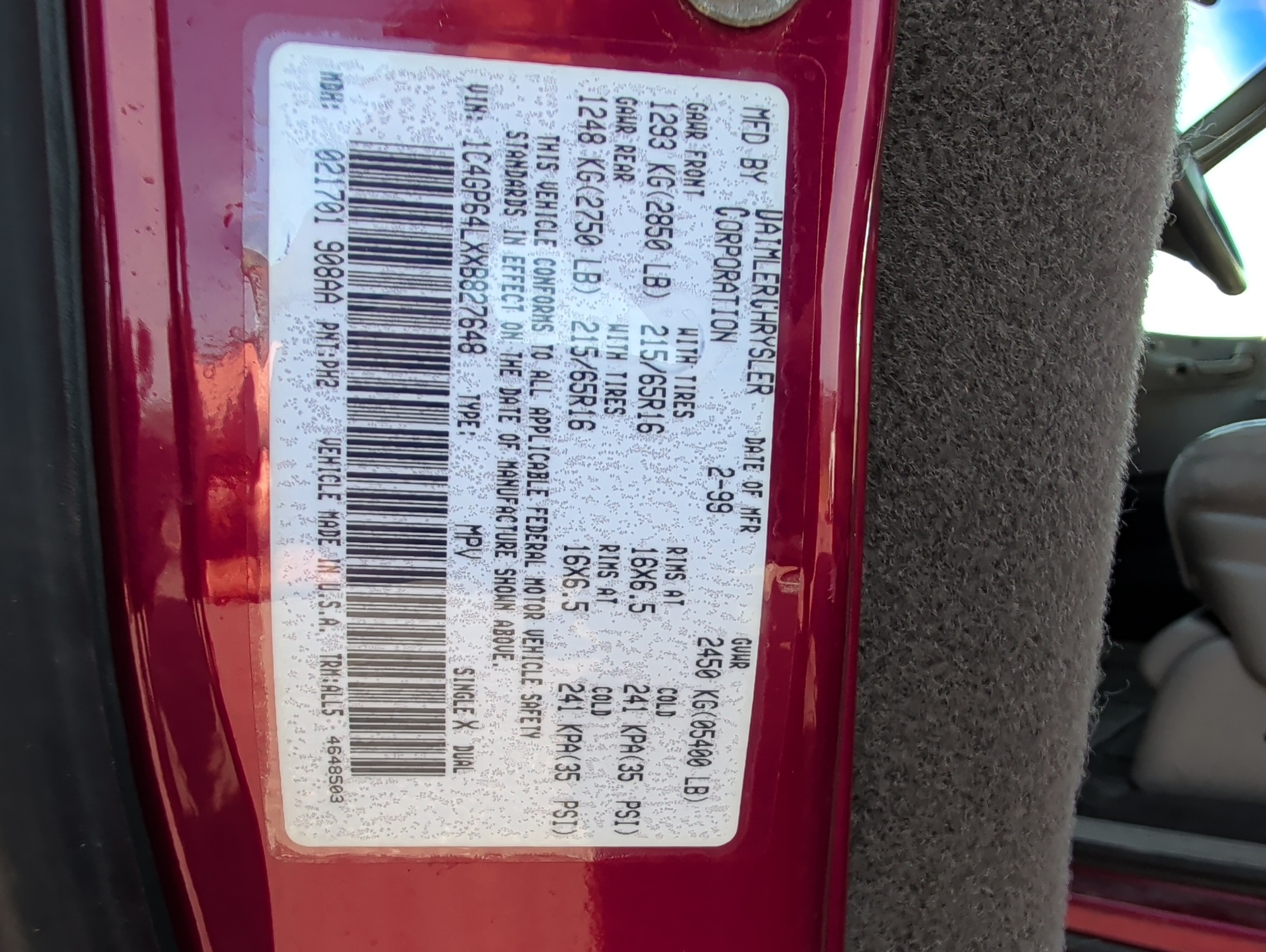 1999 chrysler town-and-country limited-fwd with 88290 miles for sale near elk-river, minnesota 106499_47_door_vin_sticker.jpg