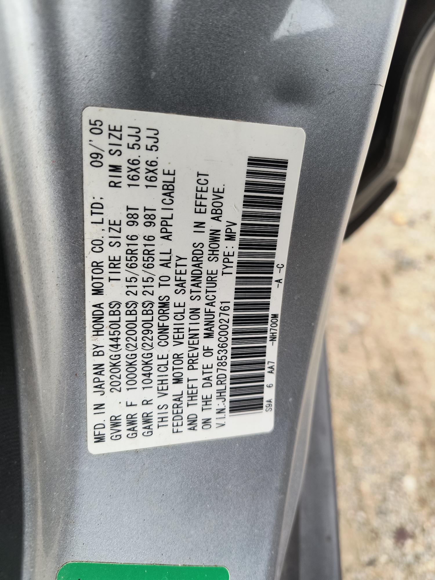 2006 honda cr-v lx-4wd-at with 127591 miles for sale near elk-river, minnesota 106500_47_door_vin_sticker.jpg