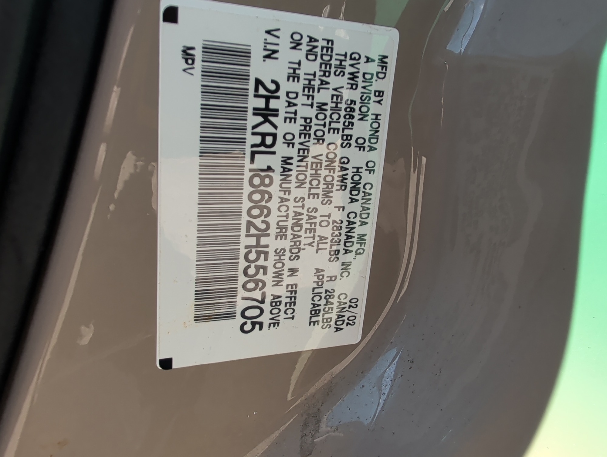 2002 honda odyssey with 292920 miles for sale near elk-river, minnesota 106501_47_door_vin_sticker.jpg