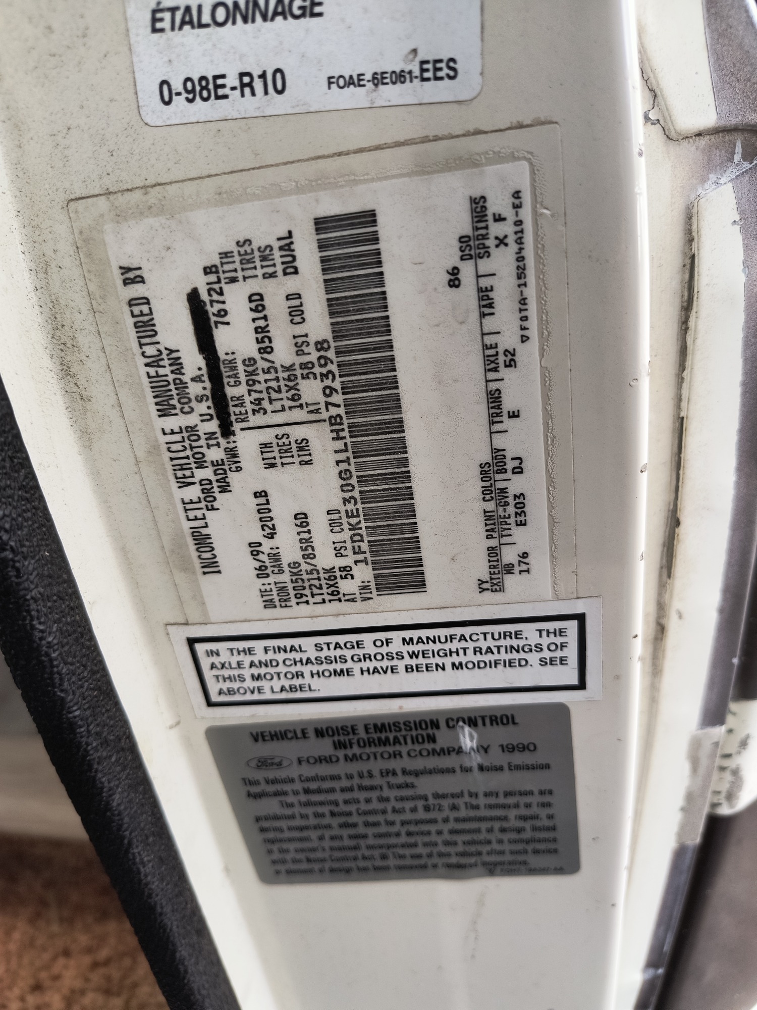 1990 ford econoline e350 with 12 miles for sale near Elk River, Minnesota 106502_47_door_vin_sticker.jpg