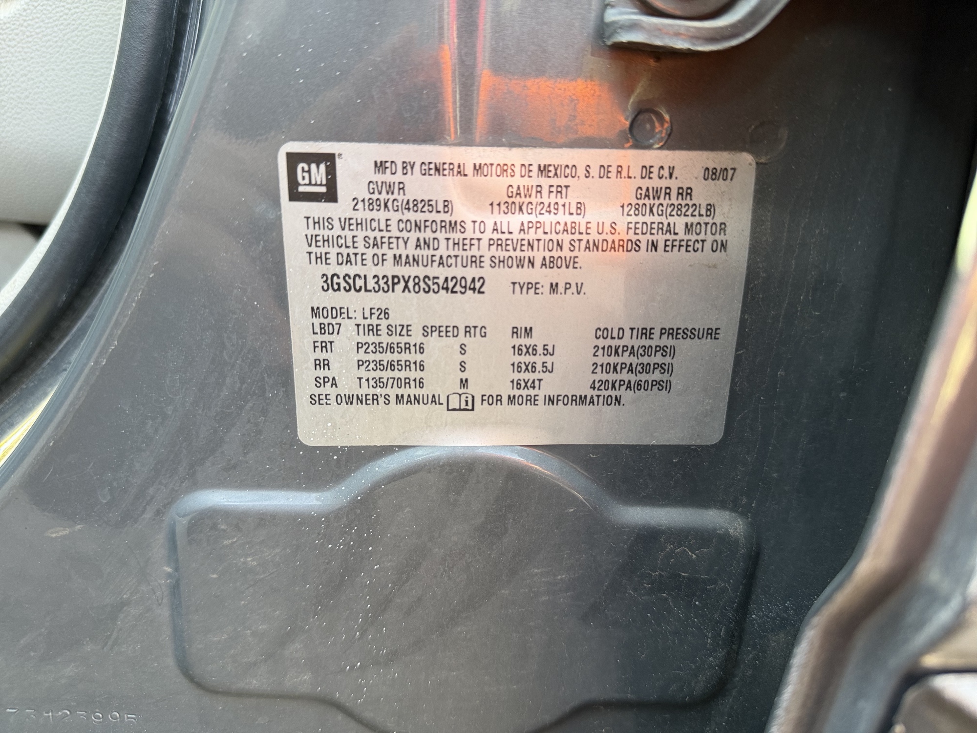 2008 saturn vue with 156067 miles for sale near elk-river, minnesota 106506_47_door_vin_sticker.jpg