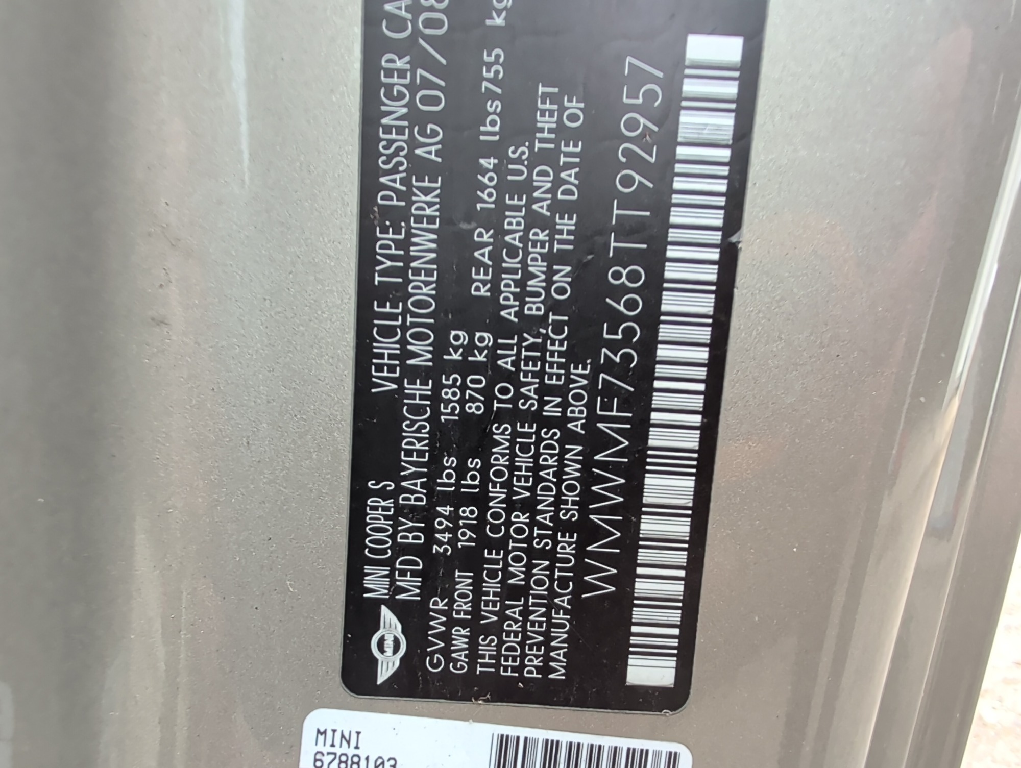 2008 mini cooper s with 99631 miles for sale near elk-river, minnesota 106512_47_door_vin_sticker.jpg