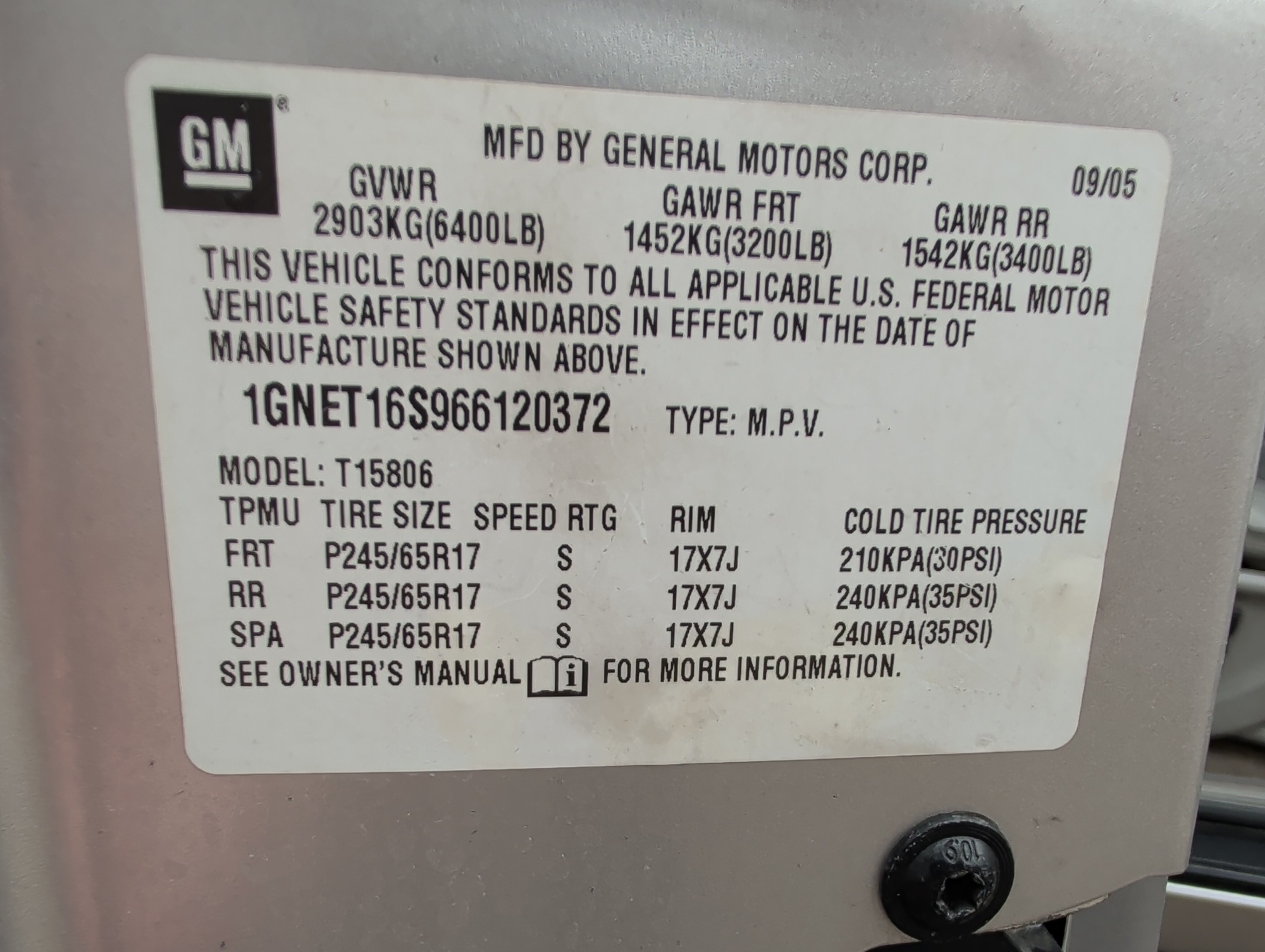 2006 chevrolet trailblazer ext-ls-4wd with 181247 miles for sale near elk-river, minnesota 106513_47_door_vin_sticker.jpg