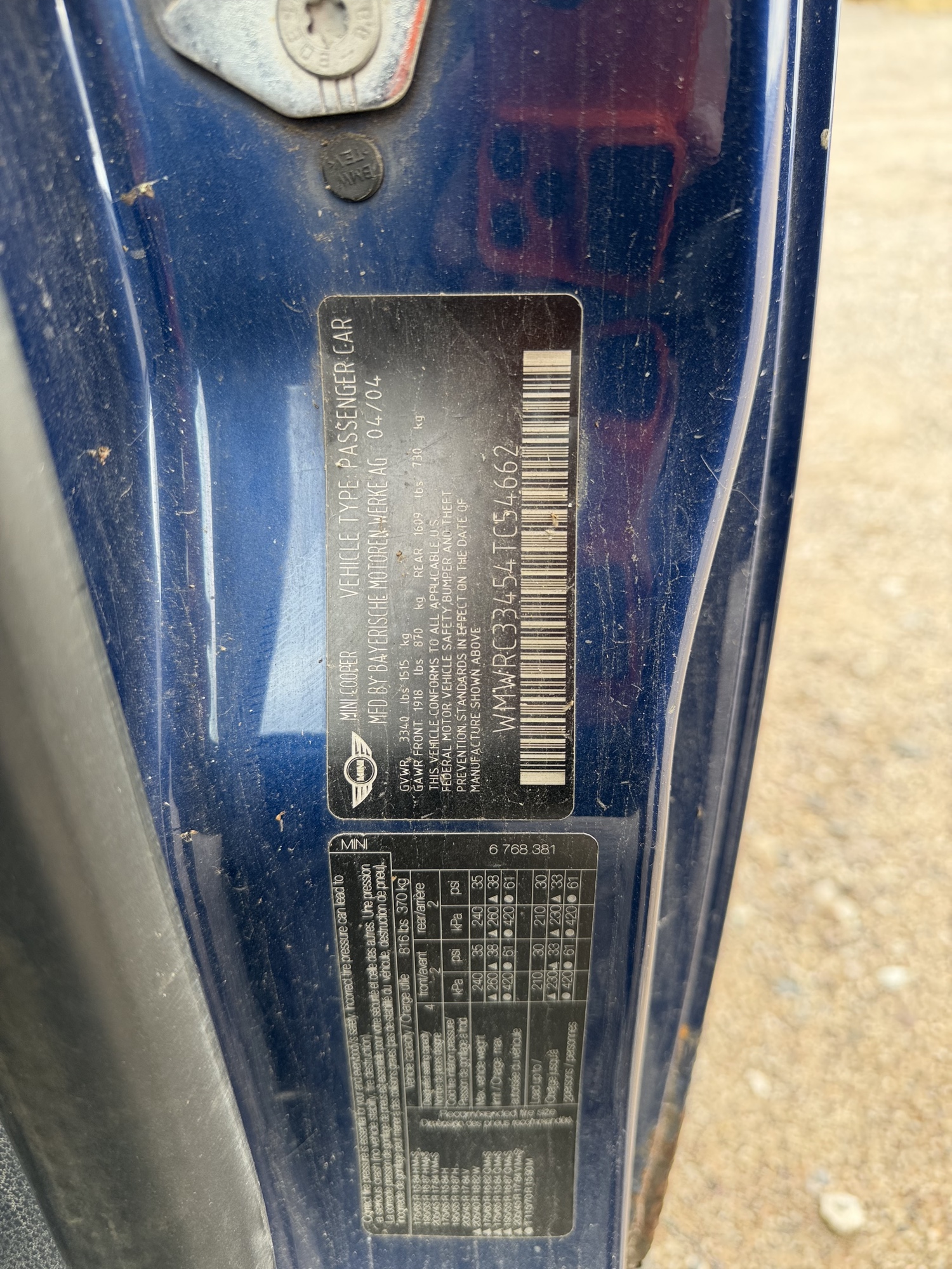 2004 mini cooper base with 208851 miles for sale near elk-river, minnesota 106514_47_door_vin_sticker.jpg