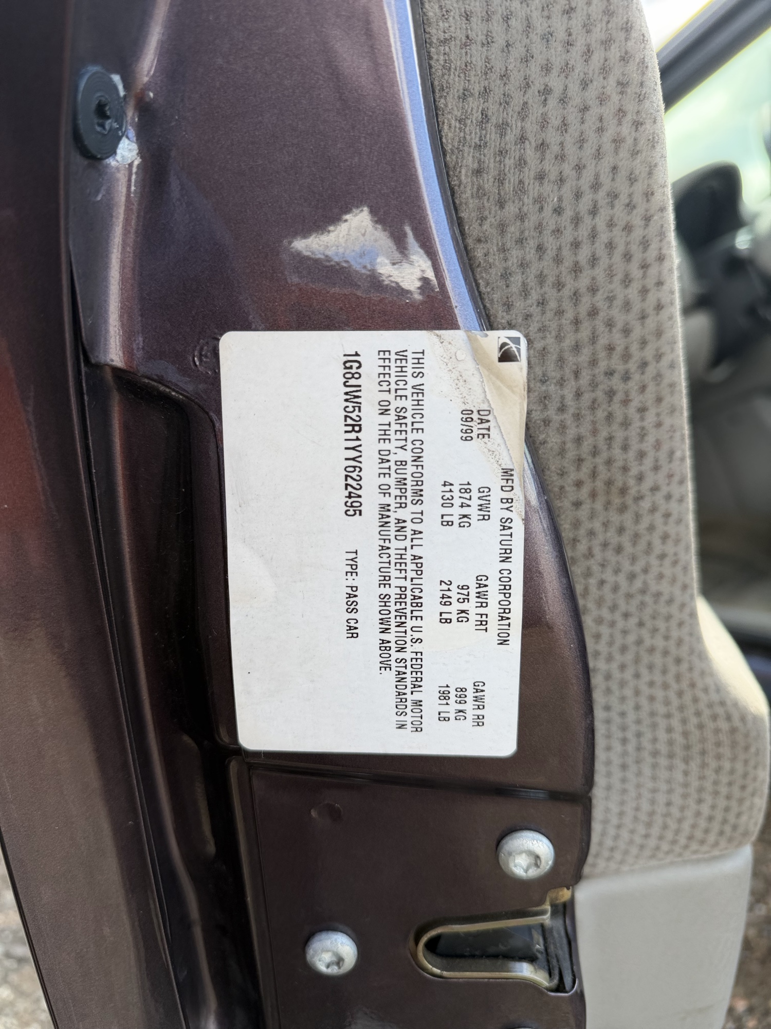 2000 saturn ls ls2 with 158842 miles for sale near elk-river, minnesota 106526_47_door_vin_sticker.jpg