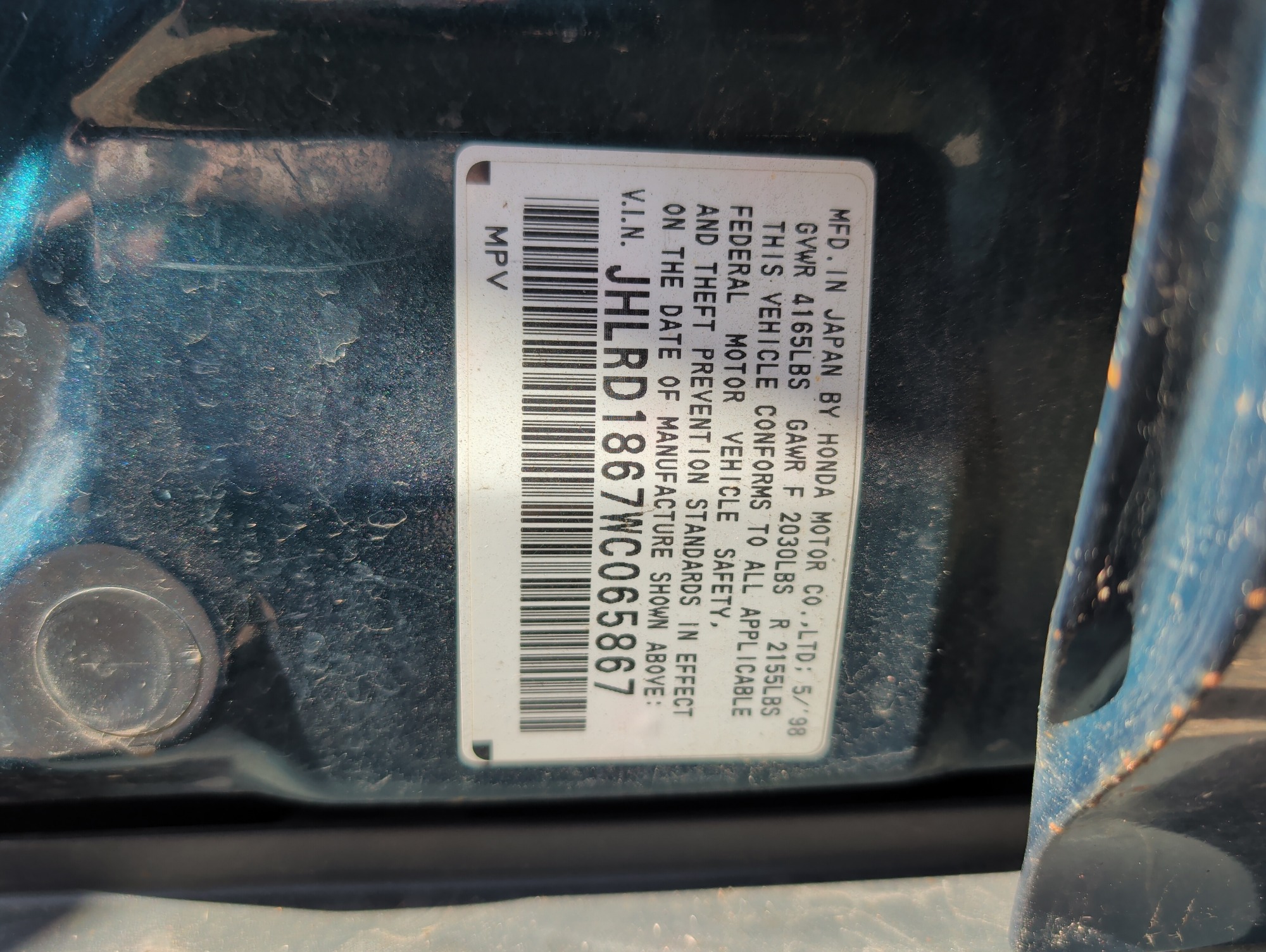 1998 honda cr-v with 177940 miles for sale near elk-river, minnesota 106531_47_door_vin_sticker.jpg