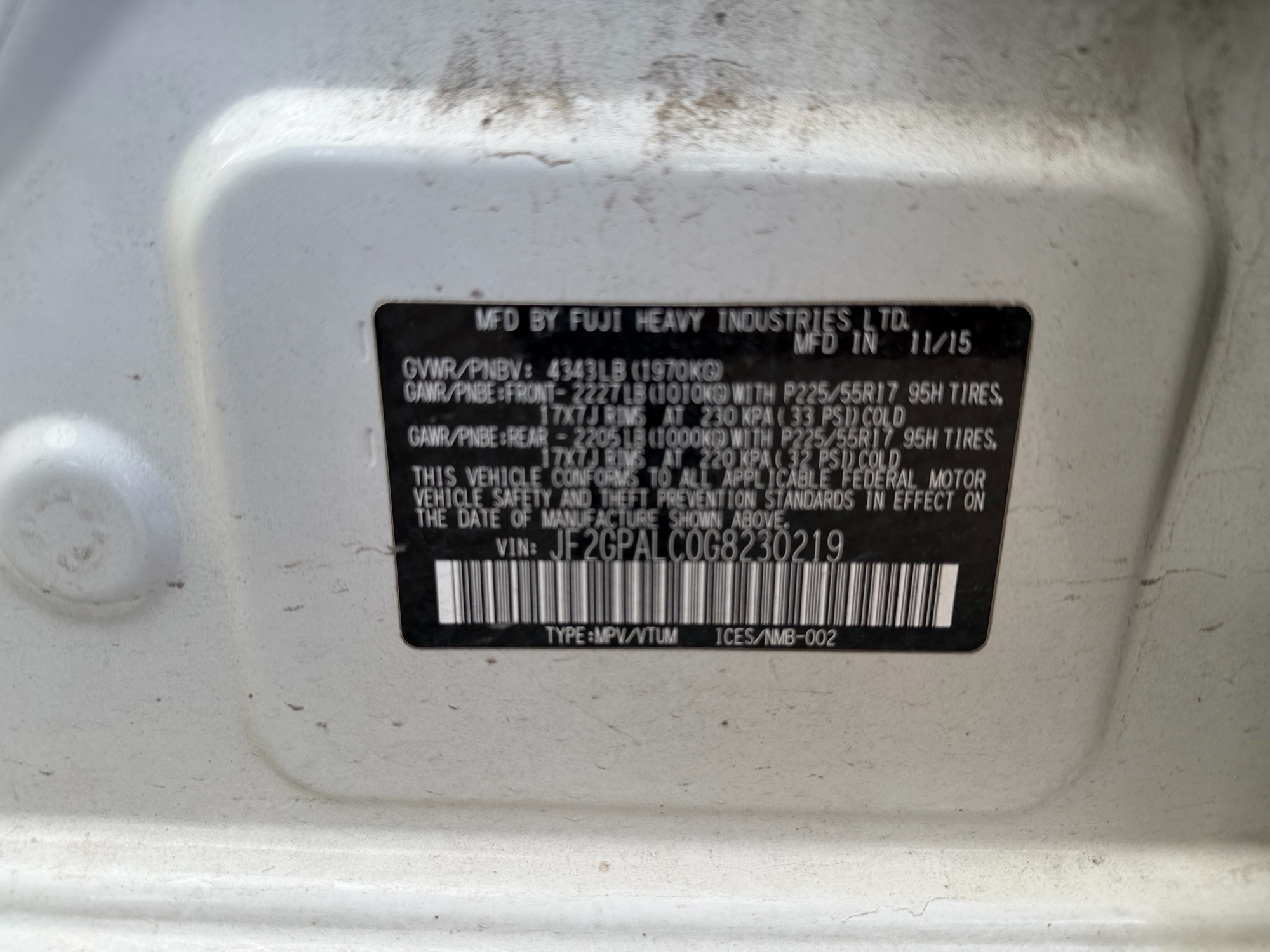 2016 subaru crosstrek 2.0i-limited-pzev-cvt with 119812 miles for sale near elk-river, minnesota 106535_47_door_vin_sticker.jpg