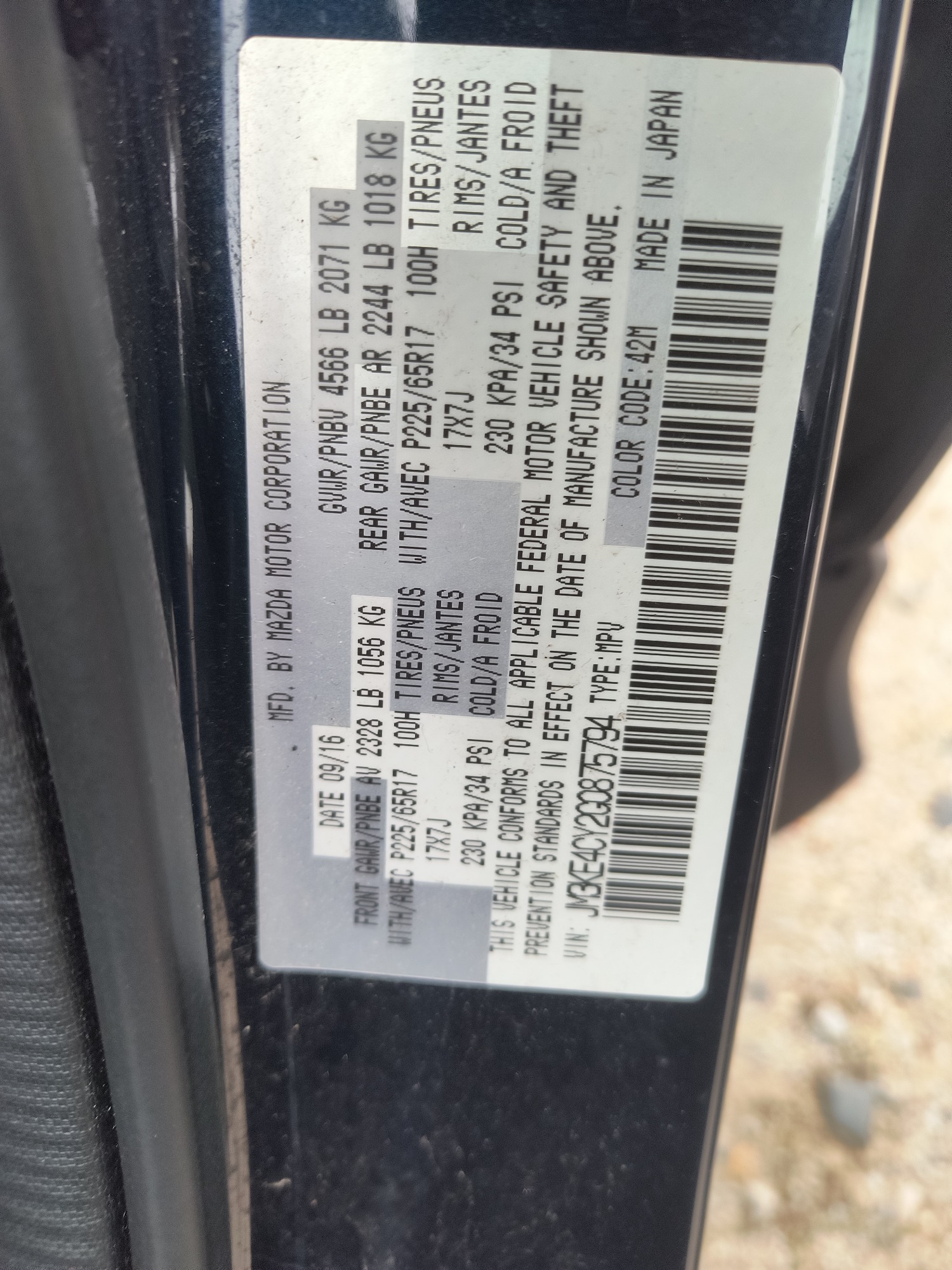 2016 mazda cx-5 with 77292 miles for sale near elk-river, minnesota 106539_47_door_vin_sticker.jpg