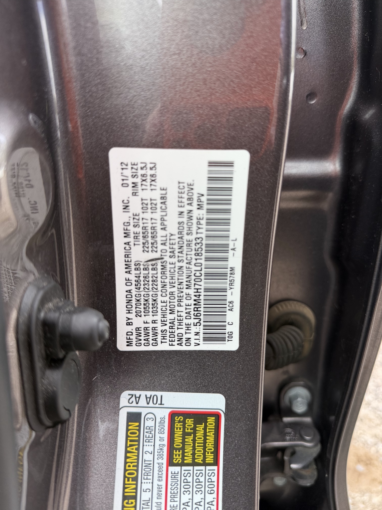 2012 honda cr-v ex-l-4wd-5-speed-at with 210700 miles for sale near elk-river, minnesota 106542_47_door_vin_sticker.jpg