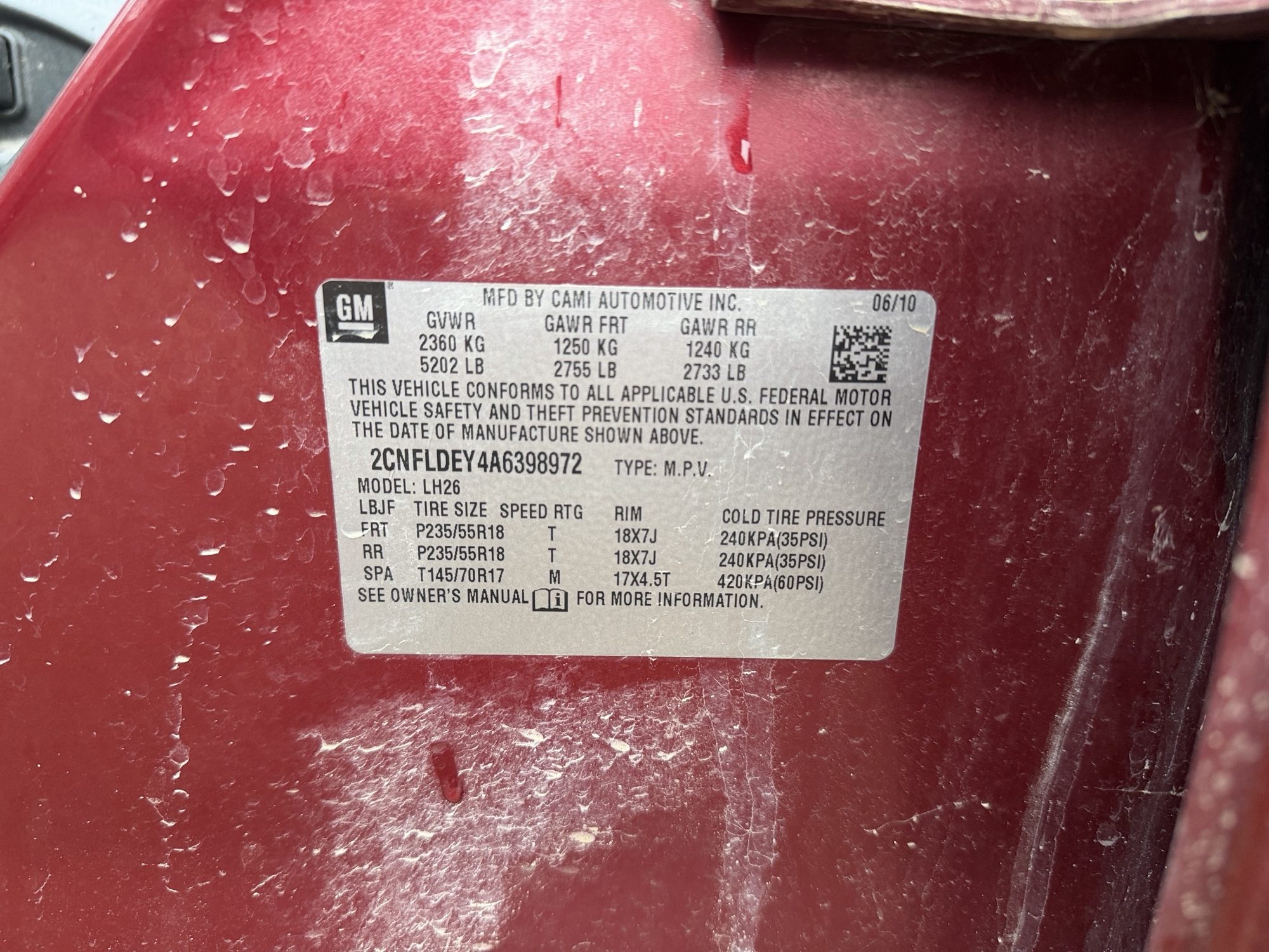 2010 chevrolet equinox lt1-fwd with 253822 miles for sale near elk-river, minnesota 106544_47_door_vin_sticker.jpg
