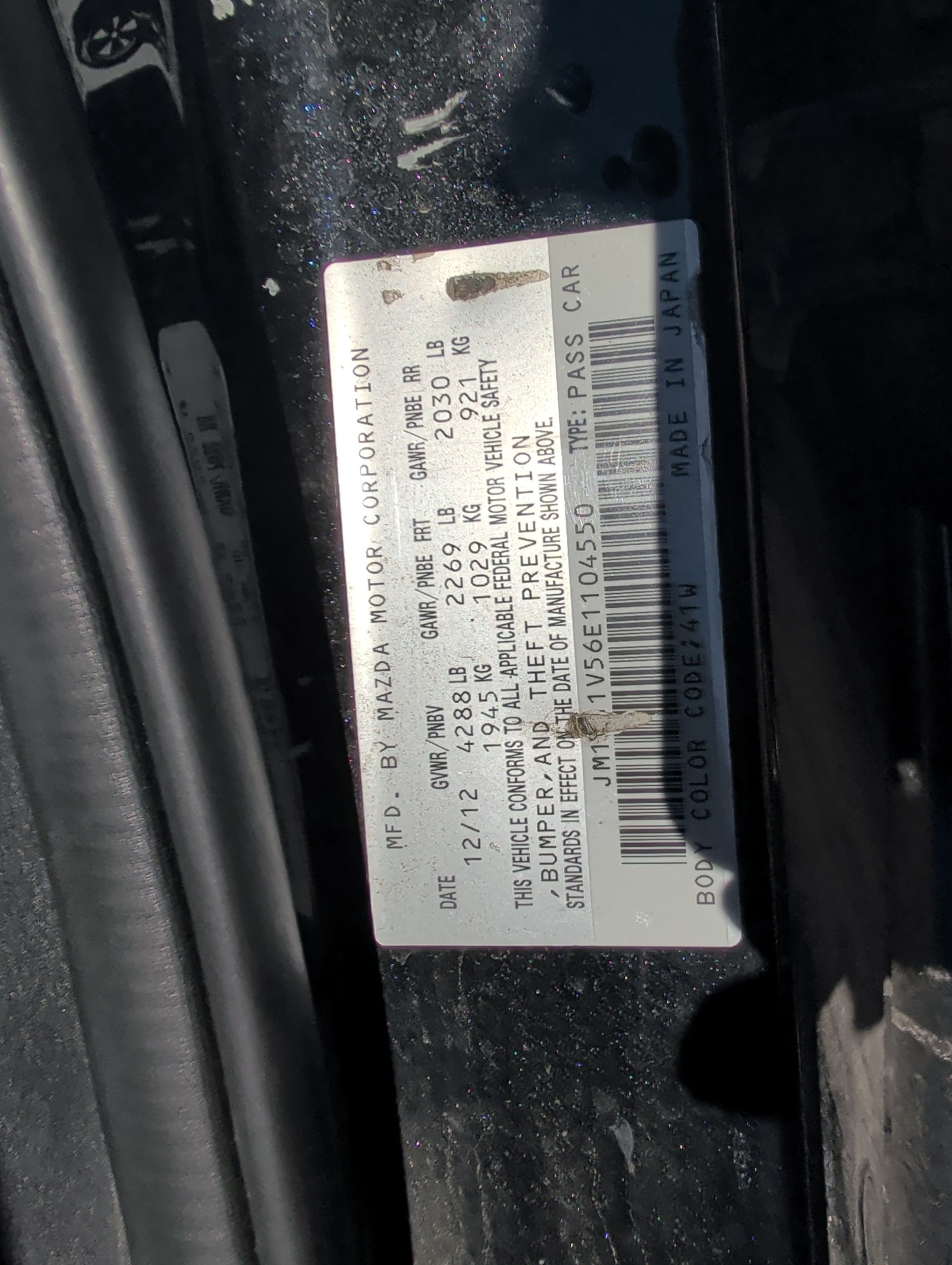 2014 mazda mazda6 i-touring-plus with 301023 miles for sale near elk-river, minnesota 106552_47_door_vin_sticker.jpg