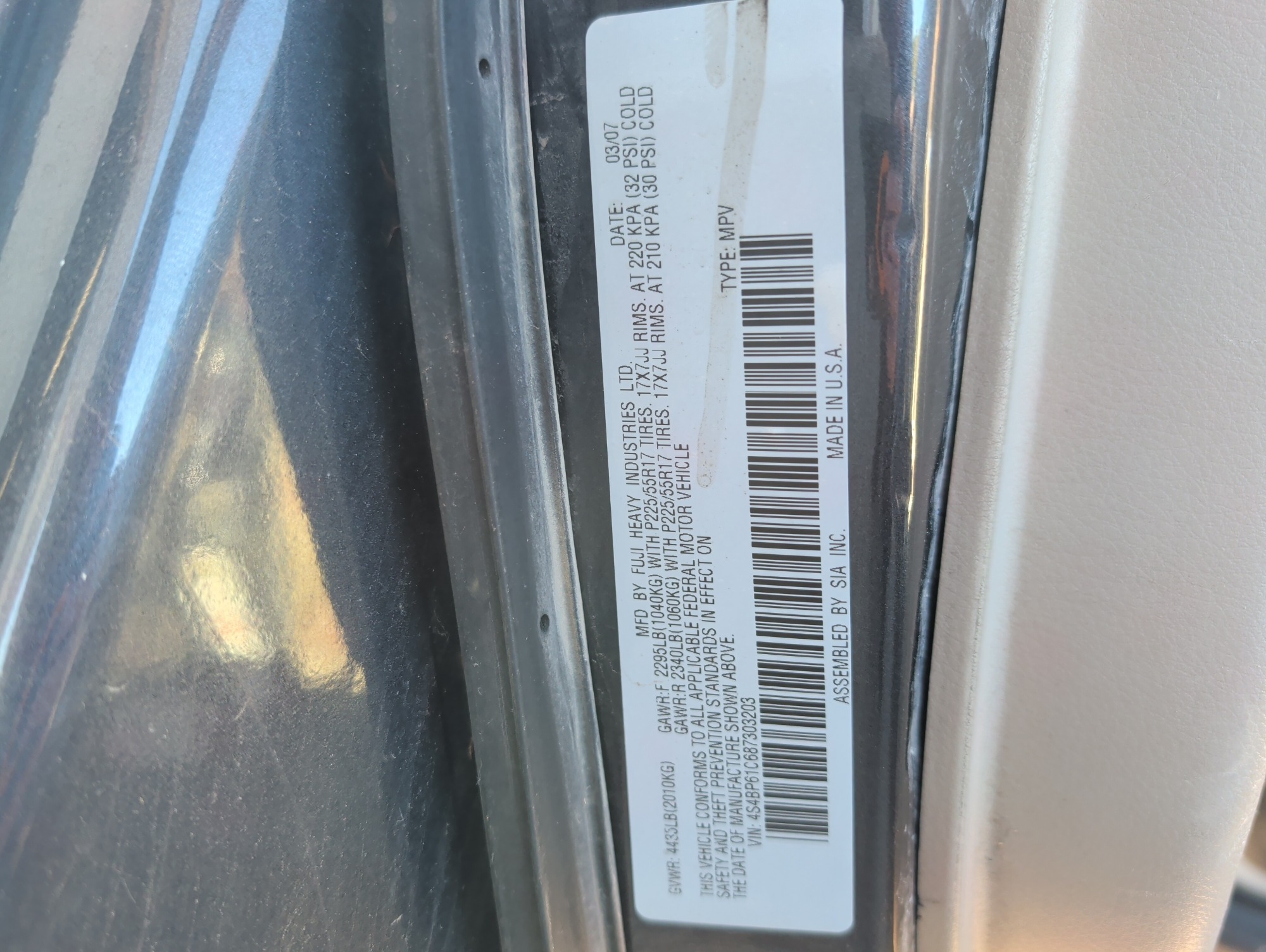 2008 subaru outback 2.5i with 185699 miles for sale near elk-river, minnesota 106569_47_door_vin_sticker.jpg