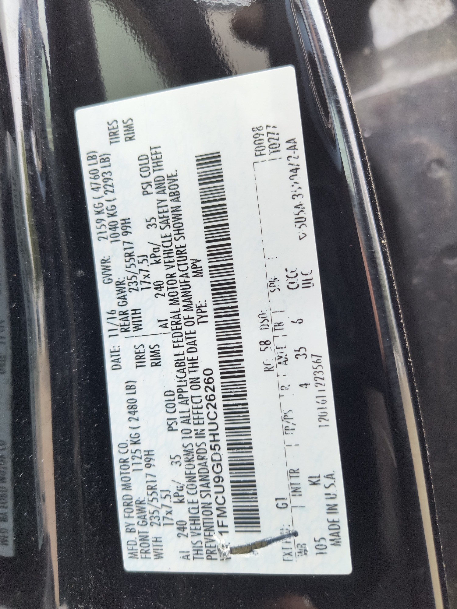 2017 ford escape se-4wd with 175150 miles for sale near Elk River, Minnesota 106576_47_door_vin_sticker.jpg
