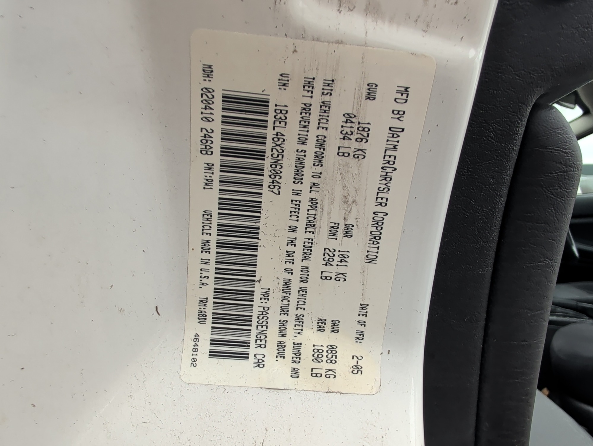 2005 dodge stratus with 83806 miles for sale near Elk River, Minnesota 106577_47_door_vin_sticker.jpg