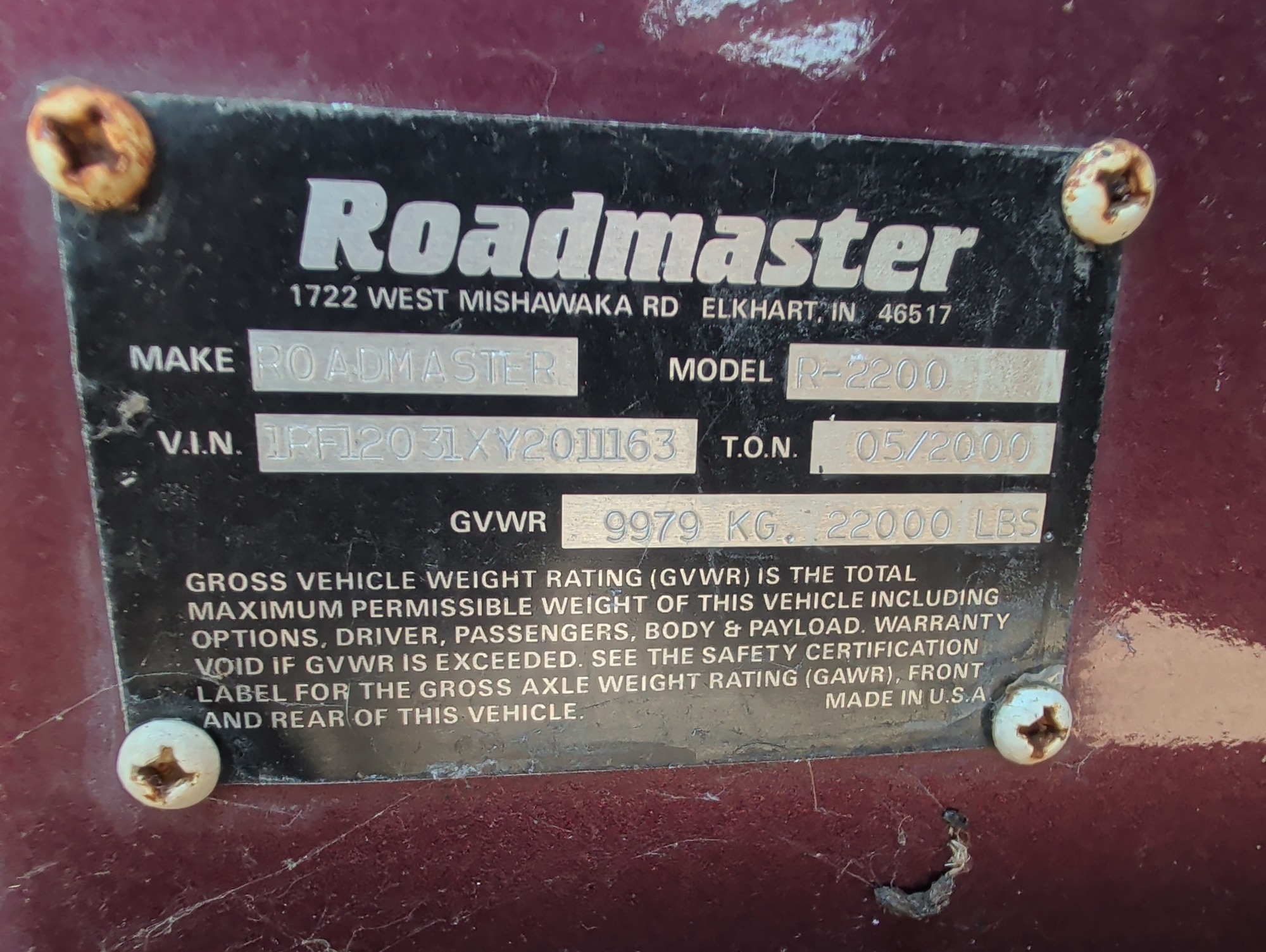 2000 roadmaster rail-dyanaster - with 51208 miles for sale near Elk River, Minnesota 106580_48_windshield_vin_plate.jpg