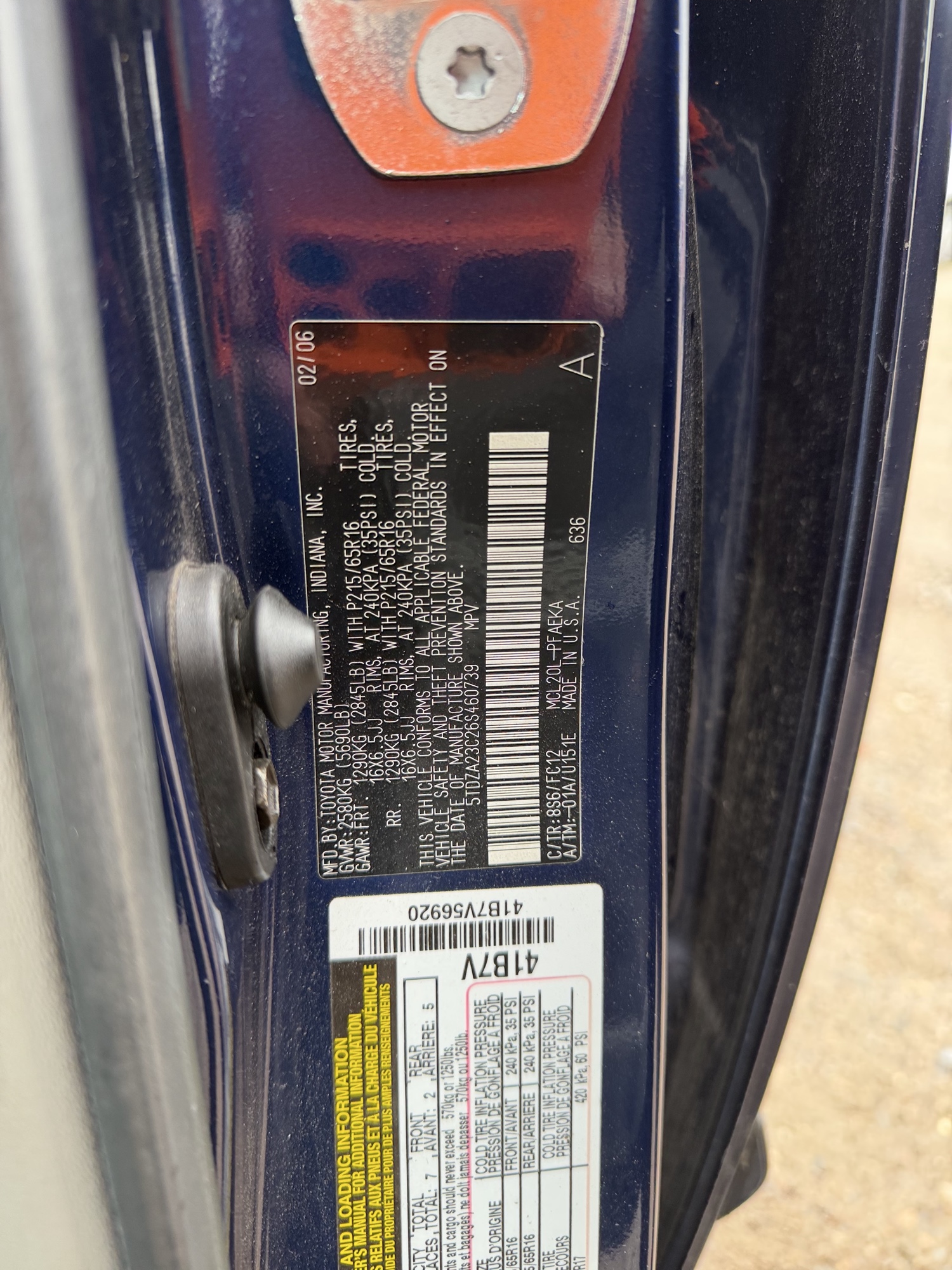 2006 toyota sienna le-7-passenger with 96729 miles for sale near Elk River, Minnesota 106581_47_door_vin_sticker.jpg