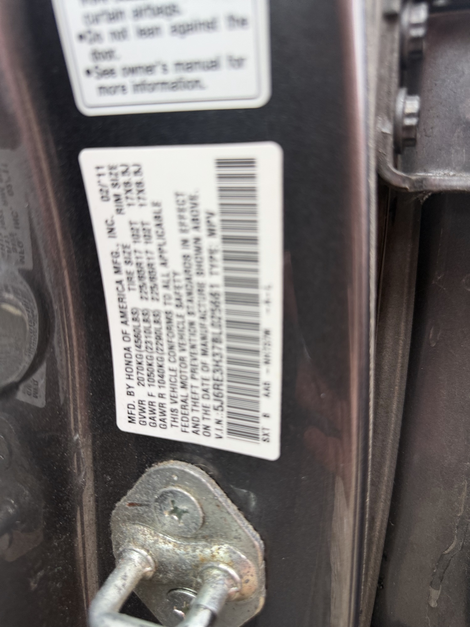 2011 honda cr-v lx-2wd-5-speed-at with 323616 miles for sale near St. Louis, Missouri 106584_47_door_vin_sticker.jpg