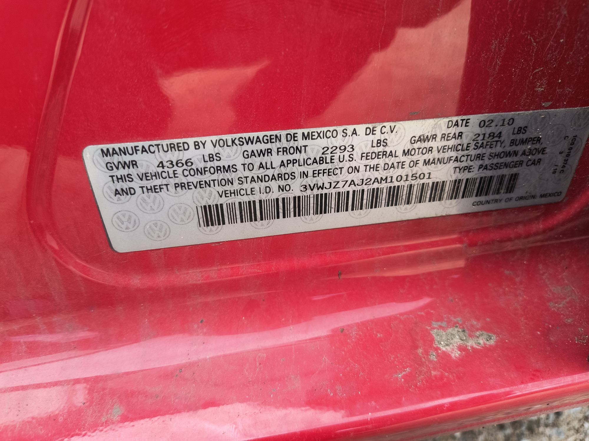 2010 volkswagen jetta s-pzev with 147137 miles for sale near Elk River, Minnesota 106585_47_door_vin_sticker.jpg