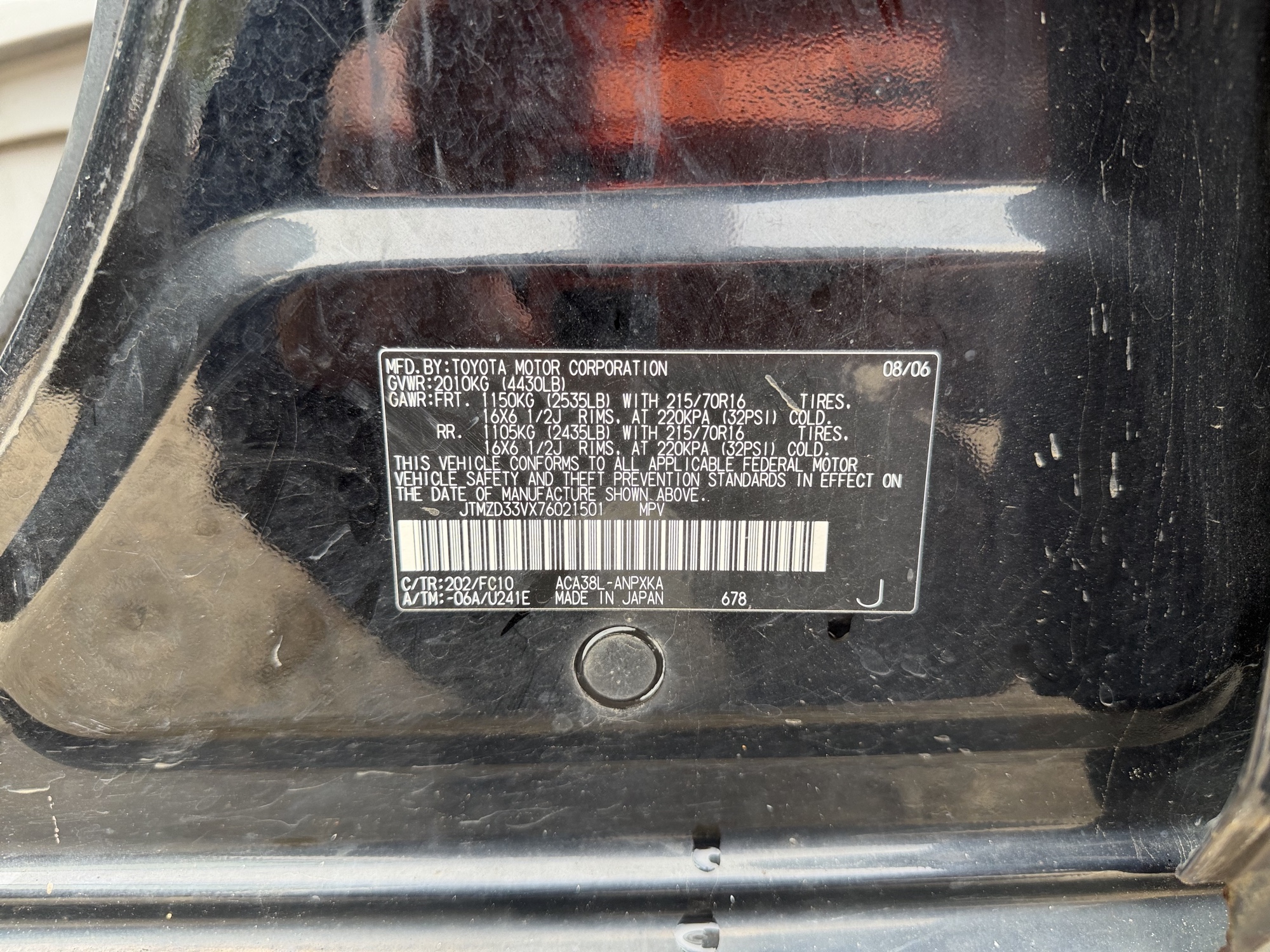 2007 toyota rav4 base-i4-2wd with 291949 miles for sale near Elk River, Minnesota 106586_47_door_vin_sticker.jpg