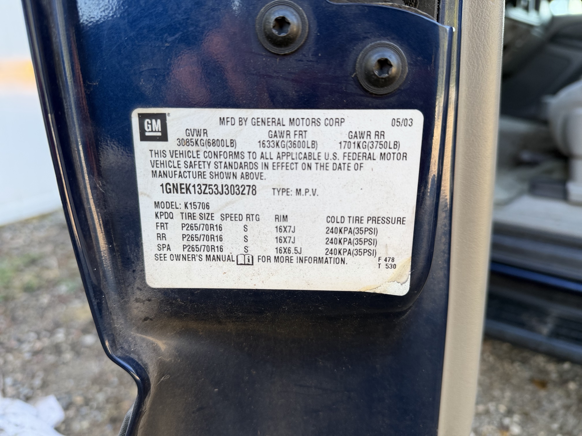 2003 chevrolet tahoe 4wd with 168168 miles for sale near Elk River, Minnesota 106589_47_door_vin_sticker.jpg