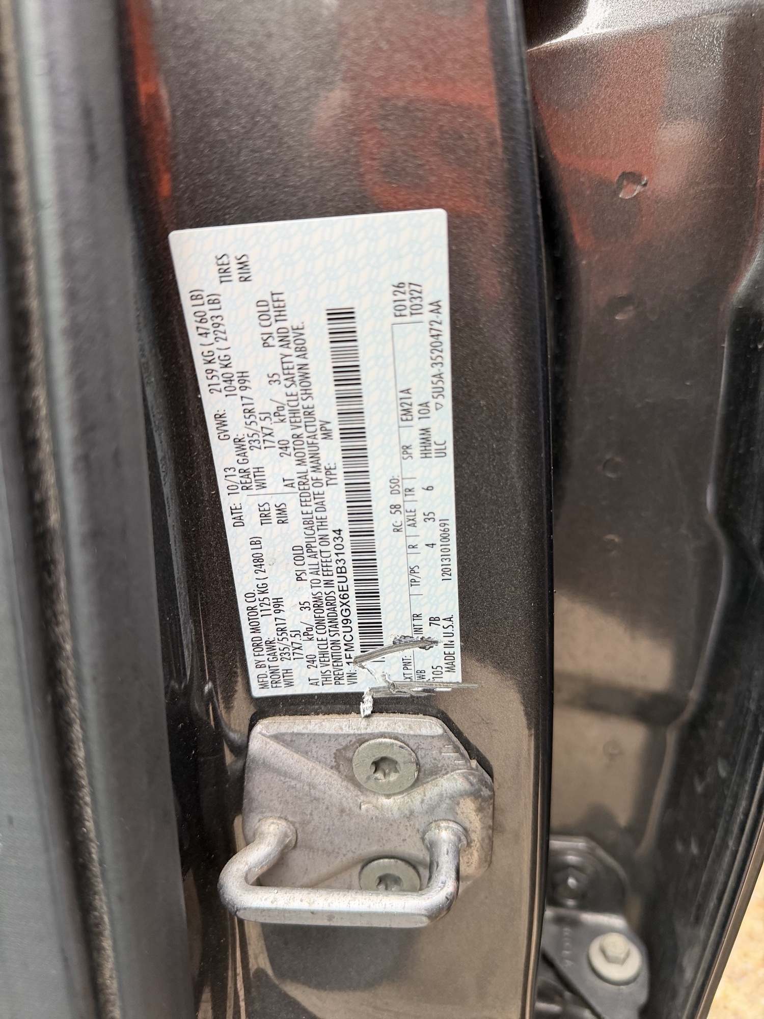 2014 ford escape se-4wd with 182383 miles for sale near Elk River, Minnesota 106596_47_door_vin_sticker.jpg