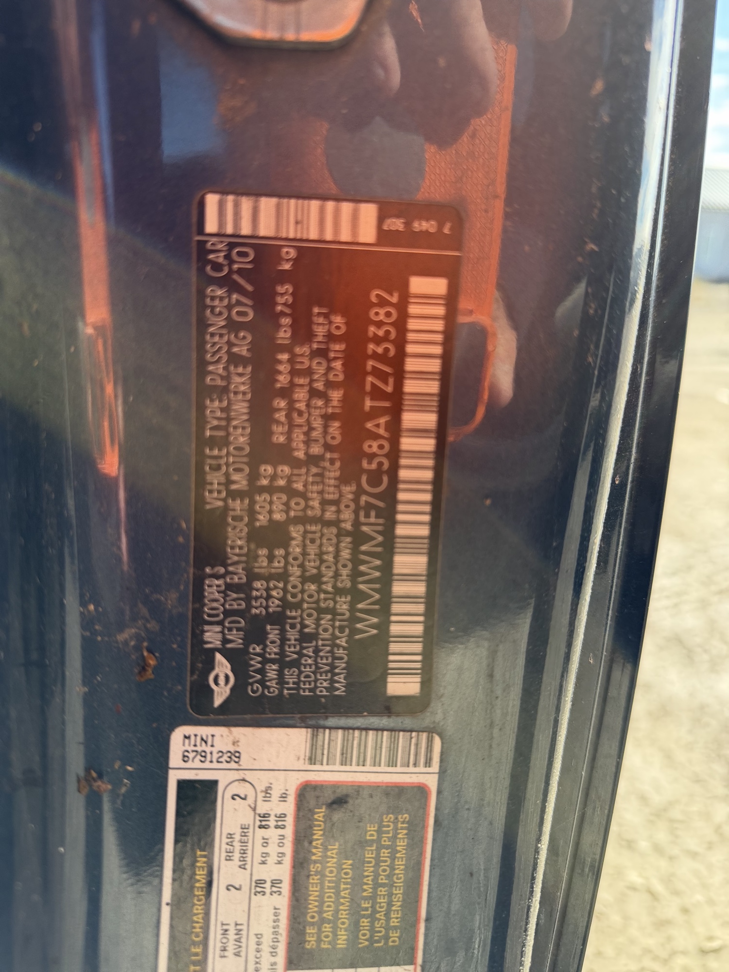 2010 mini cooper s with 98743 miles for sale near Elk River, Minnesota 106600_47_door_vin_sticker.jpg