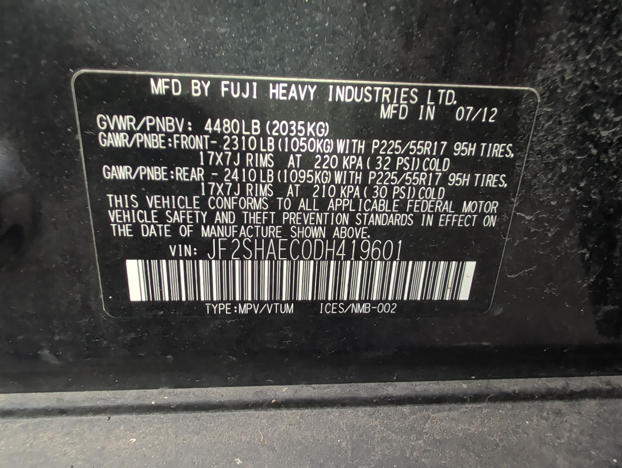 2013 subaru forester 2.5x-limited with 72734 miles for sale near Elk River, Minnesota 106603_47_door_vin_sticker.jpg