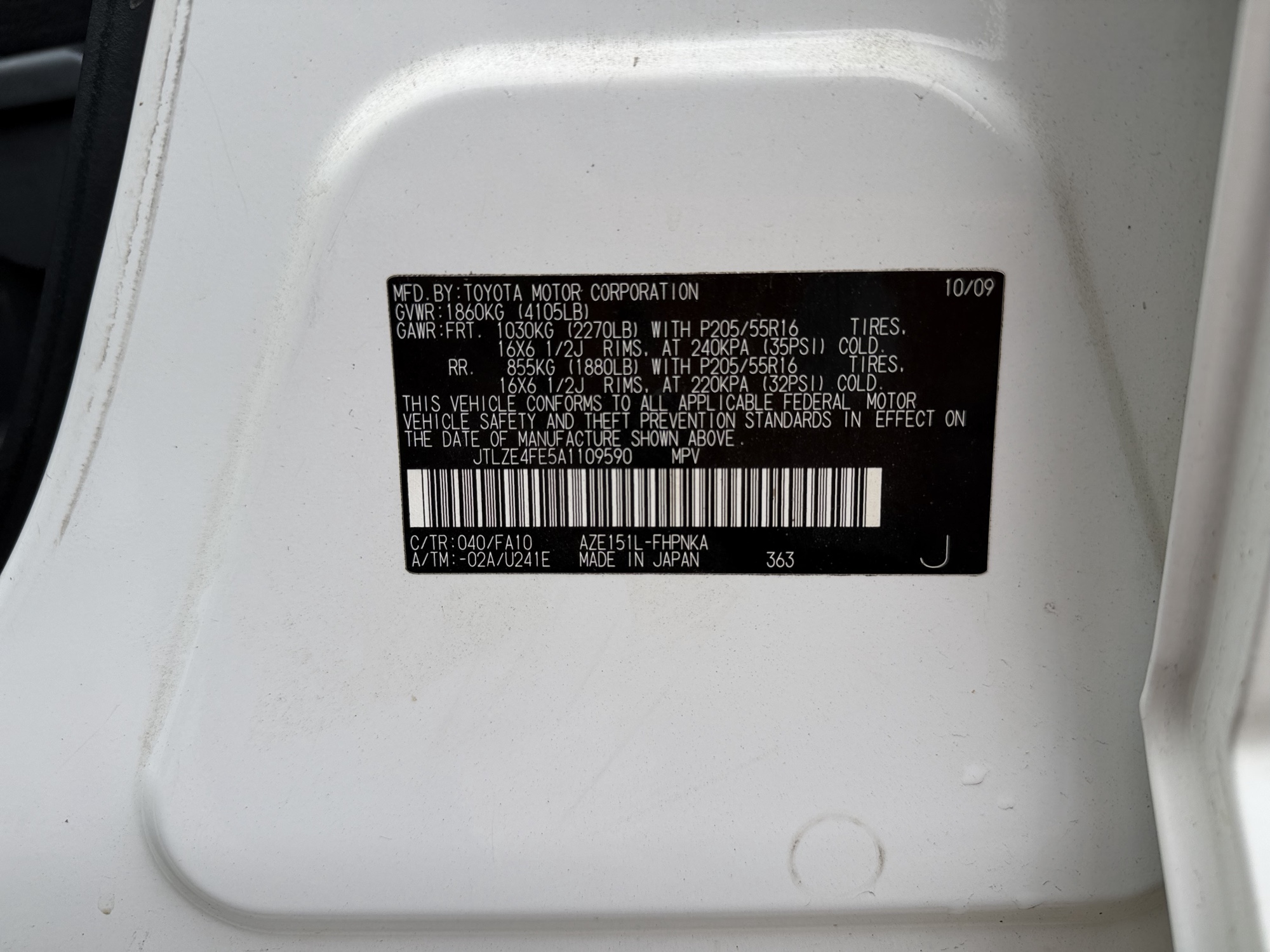 2010 scion xb 5-door-wagon-5-spd-mt with 219543 miles for sale near Elk River, Minnesota 106606_47_door_vin_sticker.jpg