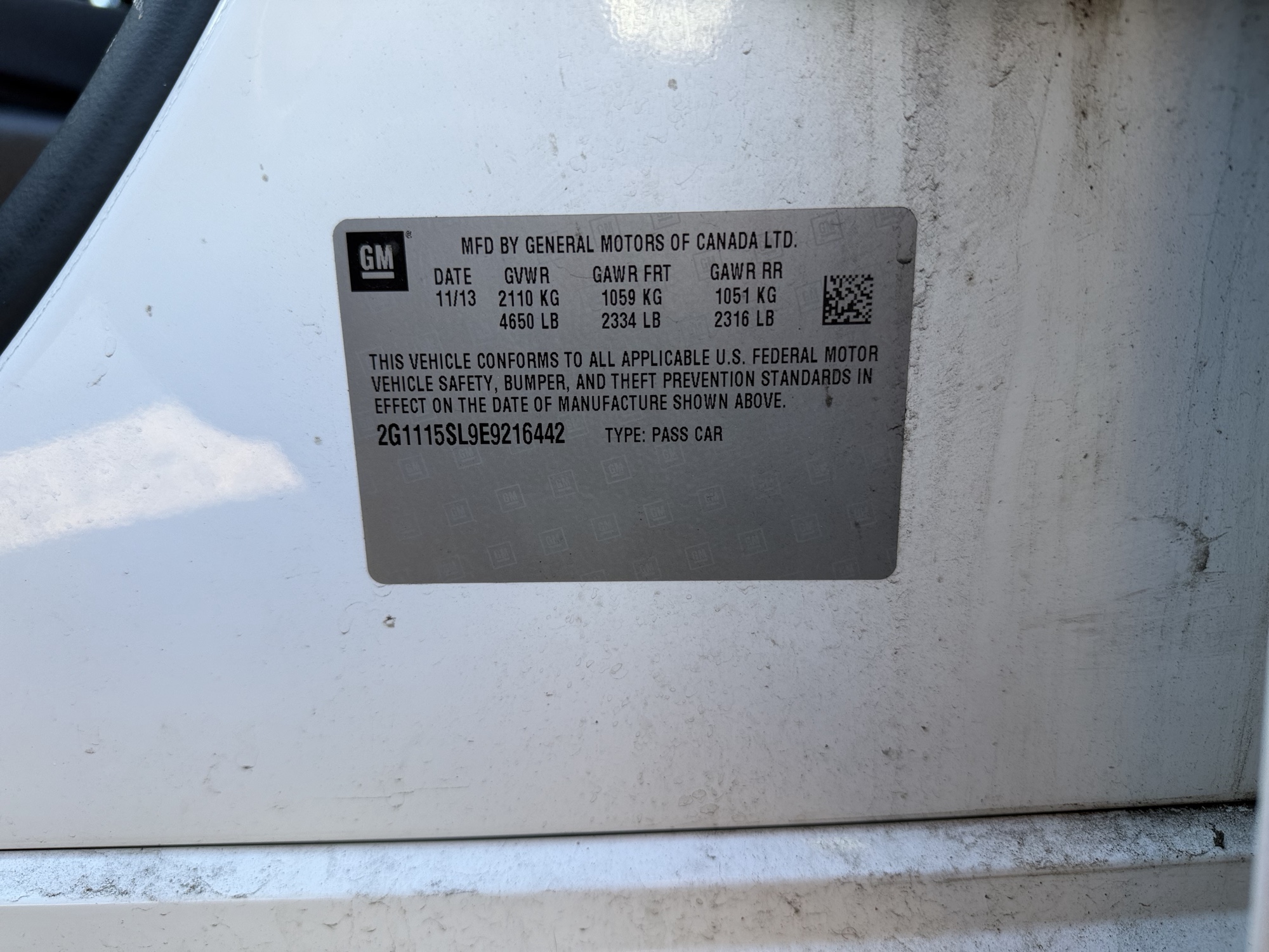 2014 chevrolet impala 1lt with 148521 miles for sale near Elk River, Minnesota 106609_47_door_vin_sticker.jpg