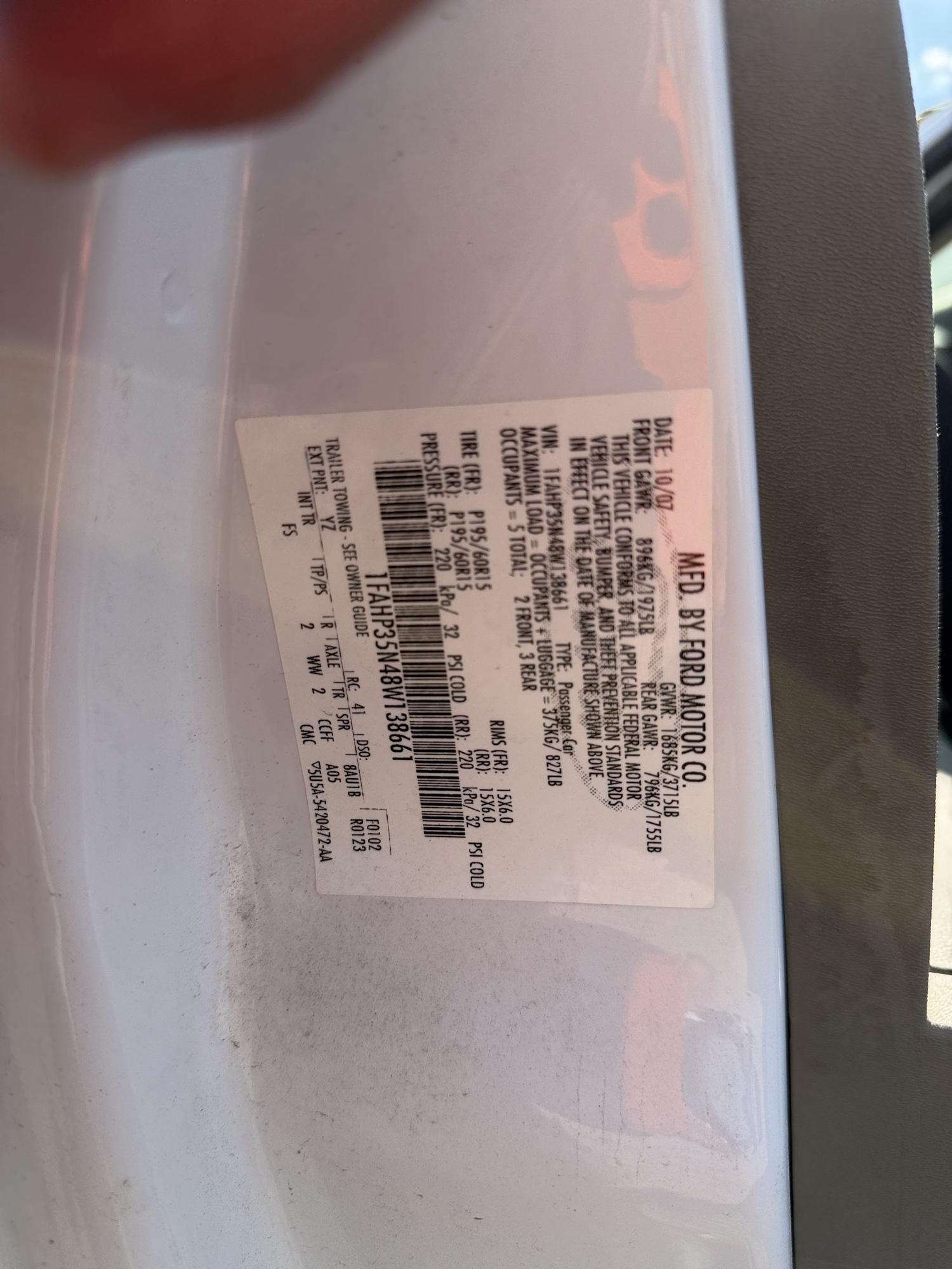 2008 ford focus ses-sedan with 288350 miles for sale near Elk River, Minnesota 106610_47_door_vin_sticker.jpg