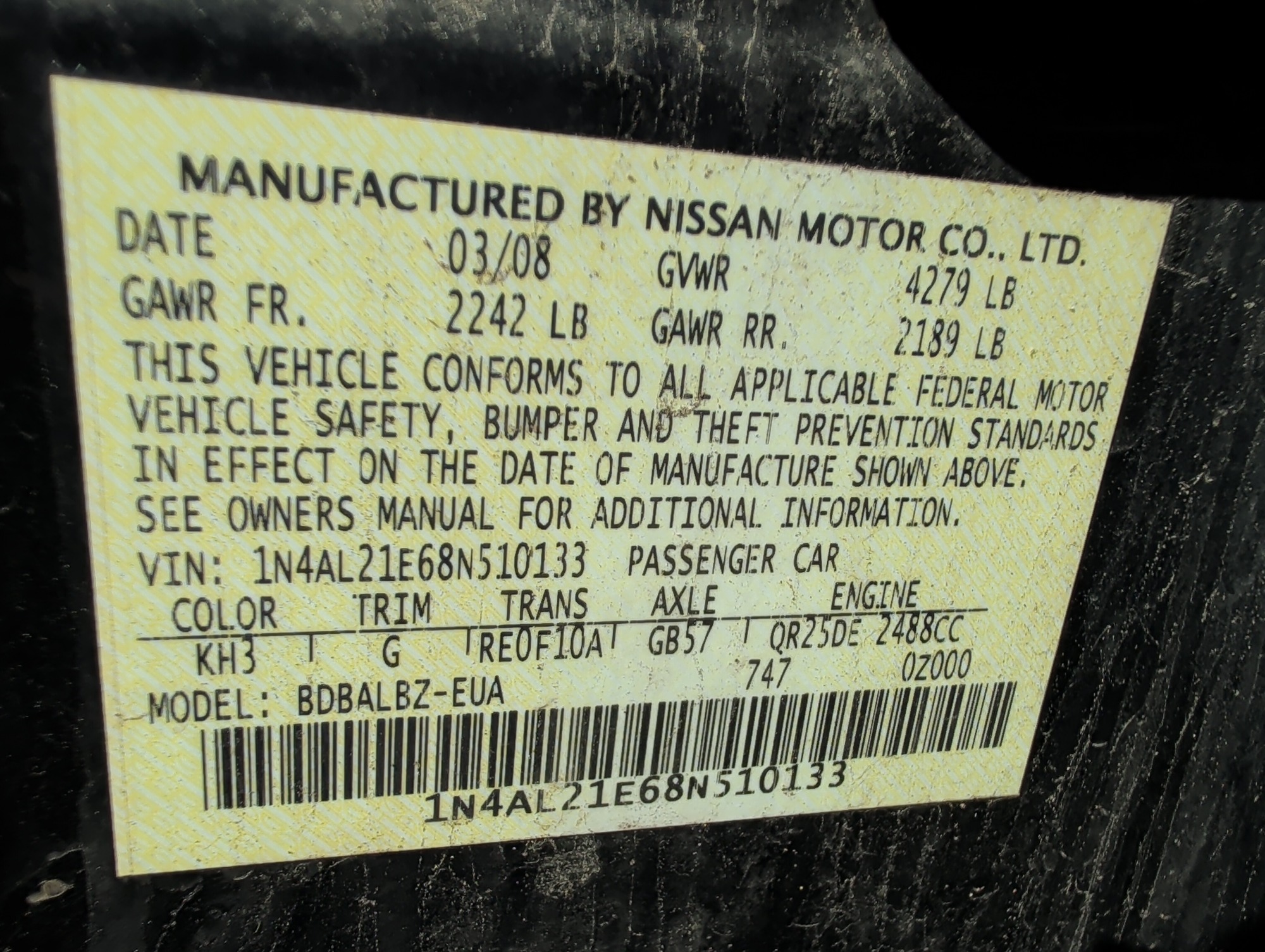 2008 nissan altima 2.5-s with 182605 miles for sale near Elk River, Minnesota 106614_47_door_vin_sticker.jpg