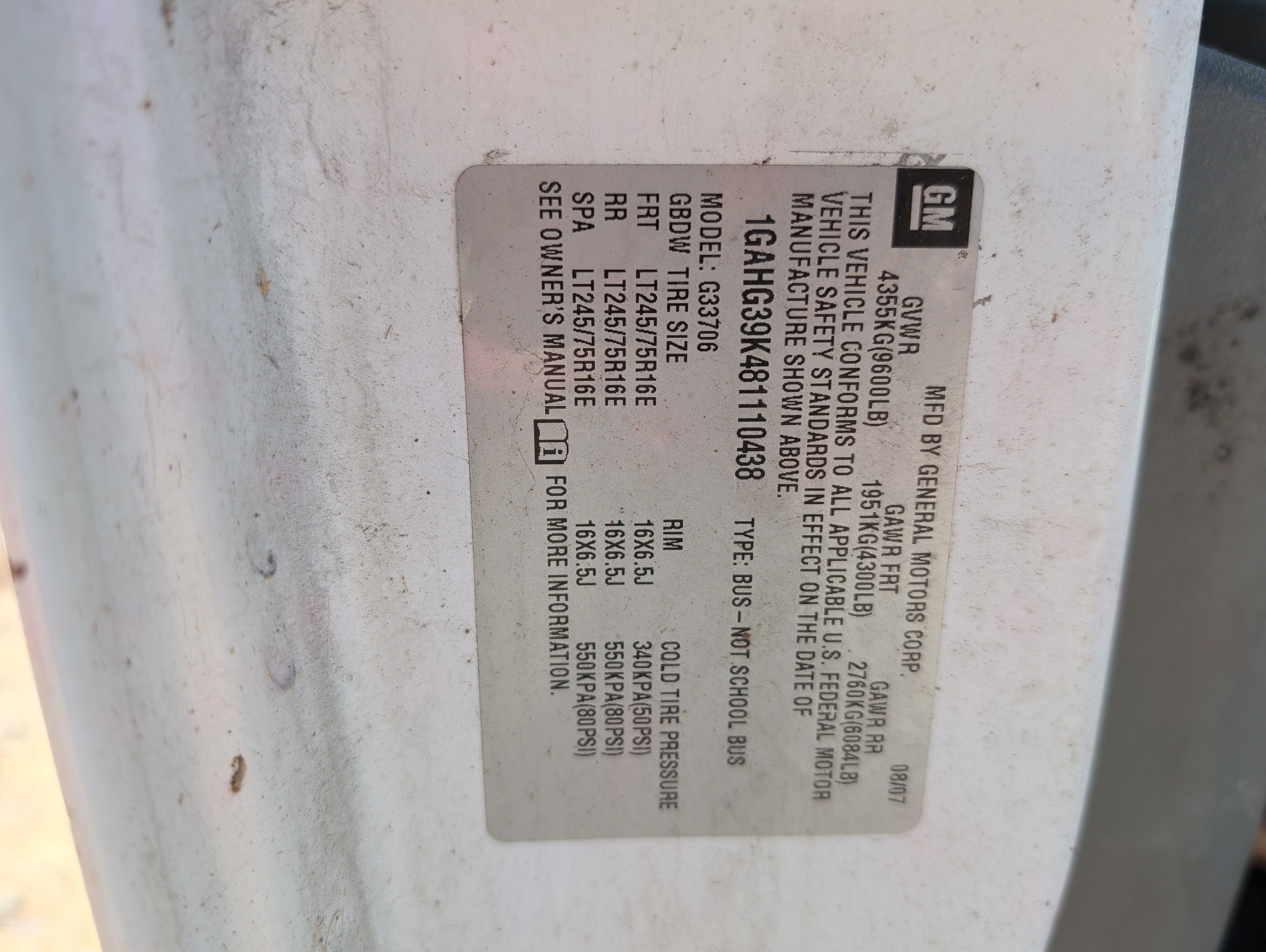 2008 chevrolet express ls-3500-extended with 167680 miles for sale near Elk River, Minnesota 106615_47_door_vin_sticker.jpg