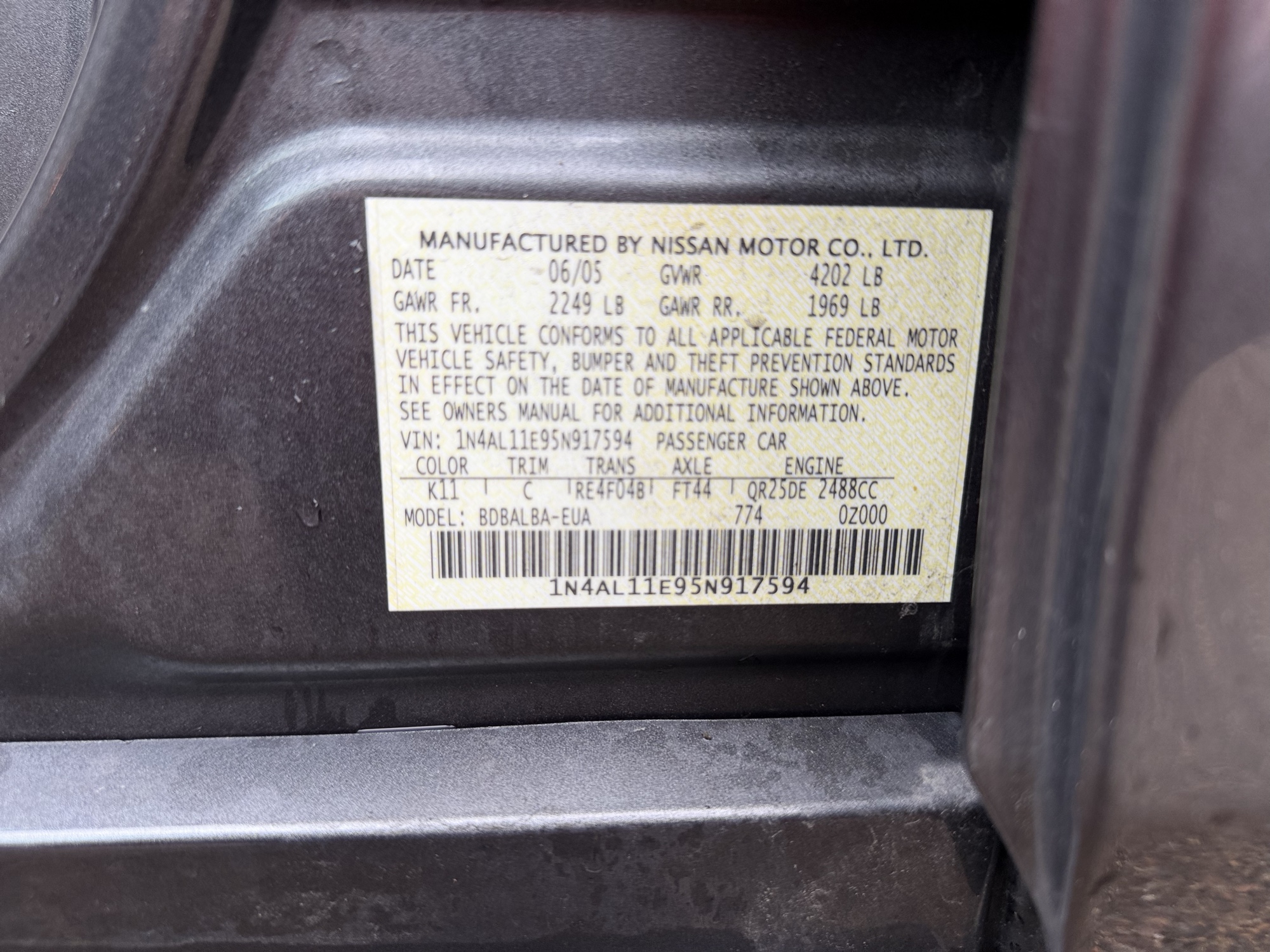 2005 nissan altima 2.5 with 177729 miles for sale near Elk River, Minnesota 106623_47_door_vin_sticker.jpg