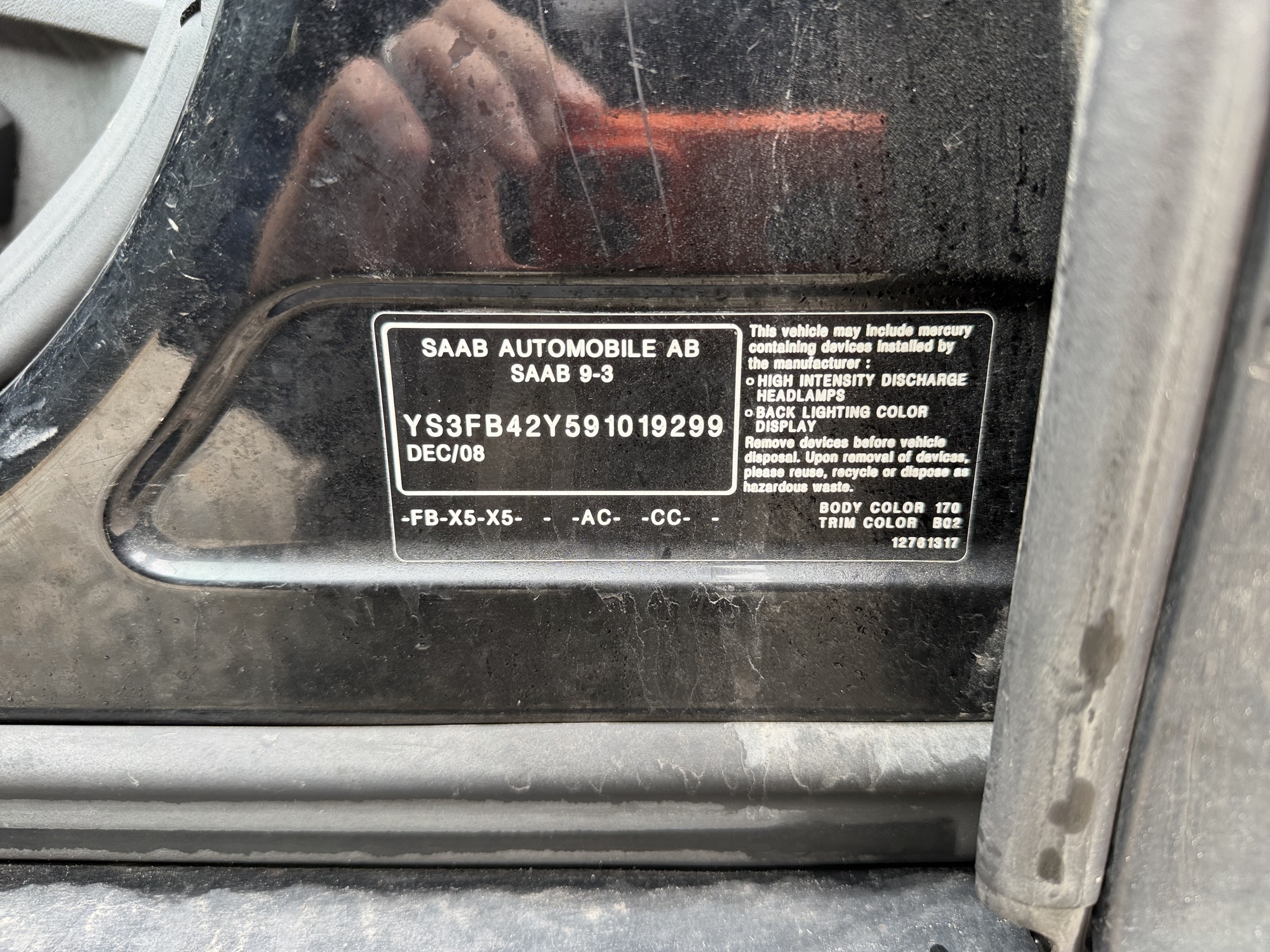 2009 saab 9-3 2.0t-touring with 207829 miles for sale near Elk River, Minnesota 106626_47_door_vin_sticker.jpg