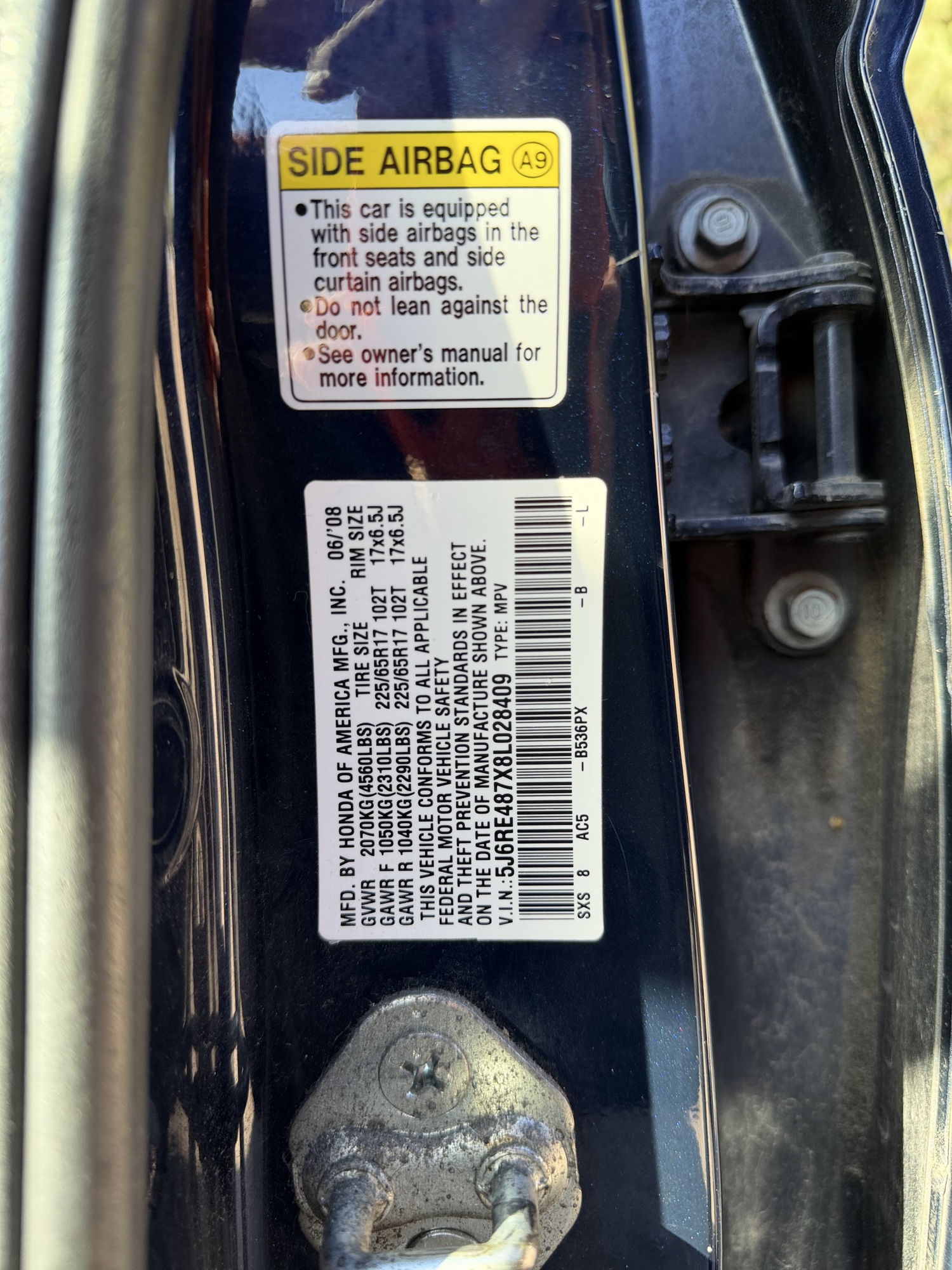 2008 honda cr-v ex-l-4wd-at with 152109 miles for sale near Elk River, Minnesota 106628_47_door_vin_sticker.jpg