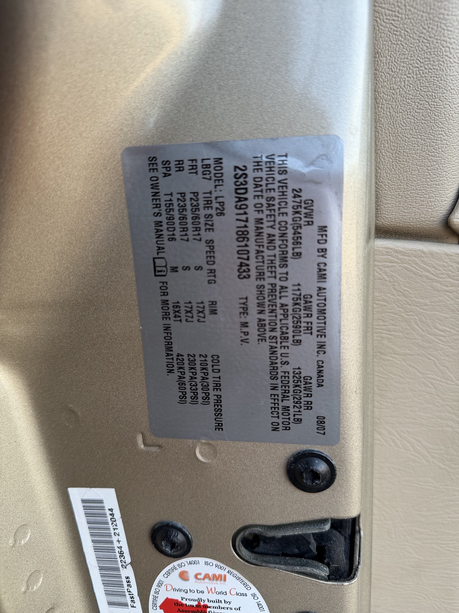 2008 suzuki xl-7 limited with 160216 miles for sale near Elk River, Minnesota 106633_47_door_vin_sticker.jpg