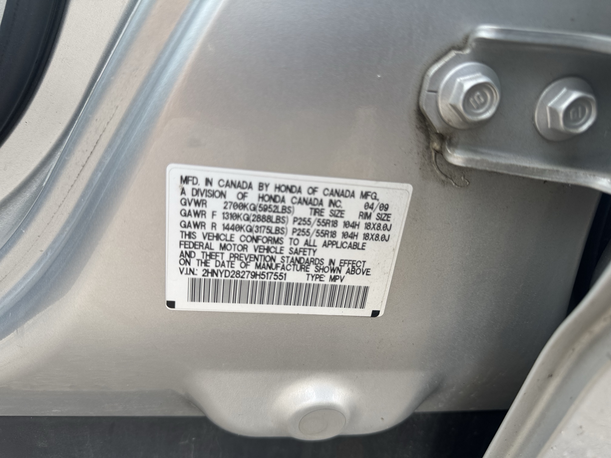 2009 acura mdx base with 225584 miles for sale near Elk River, Minnesota 106635_47_door_vin_sticker.jpg