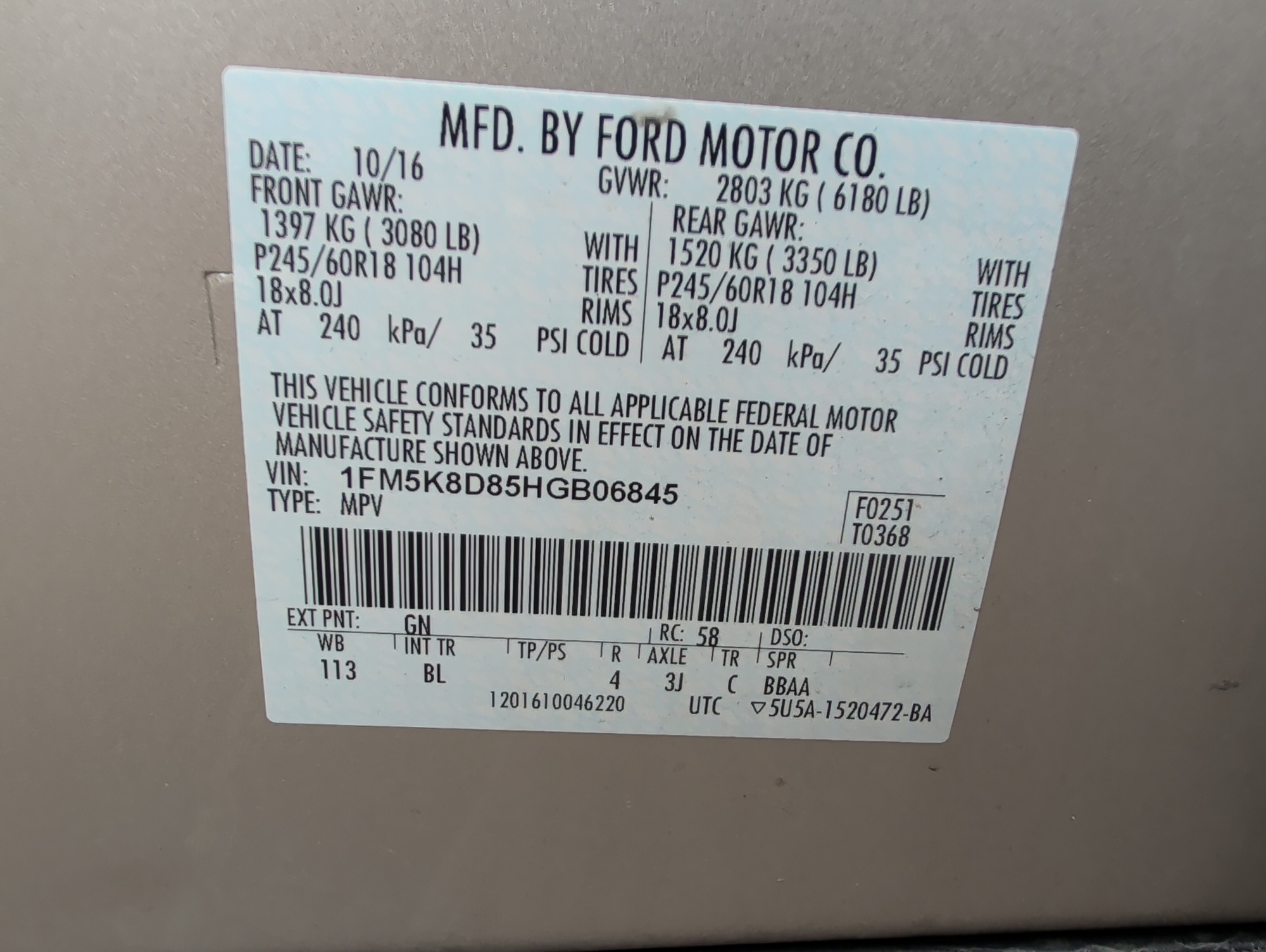 2017 ford explorer xlt-4wd with 270085 miles for sale near Elk River, Minnesota 106644_47_door_vin_sticker.jpg