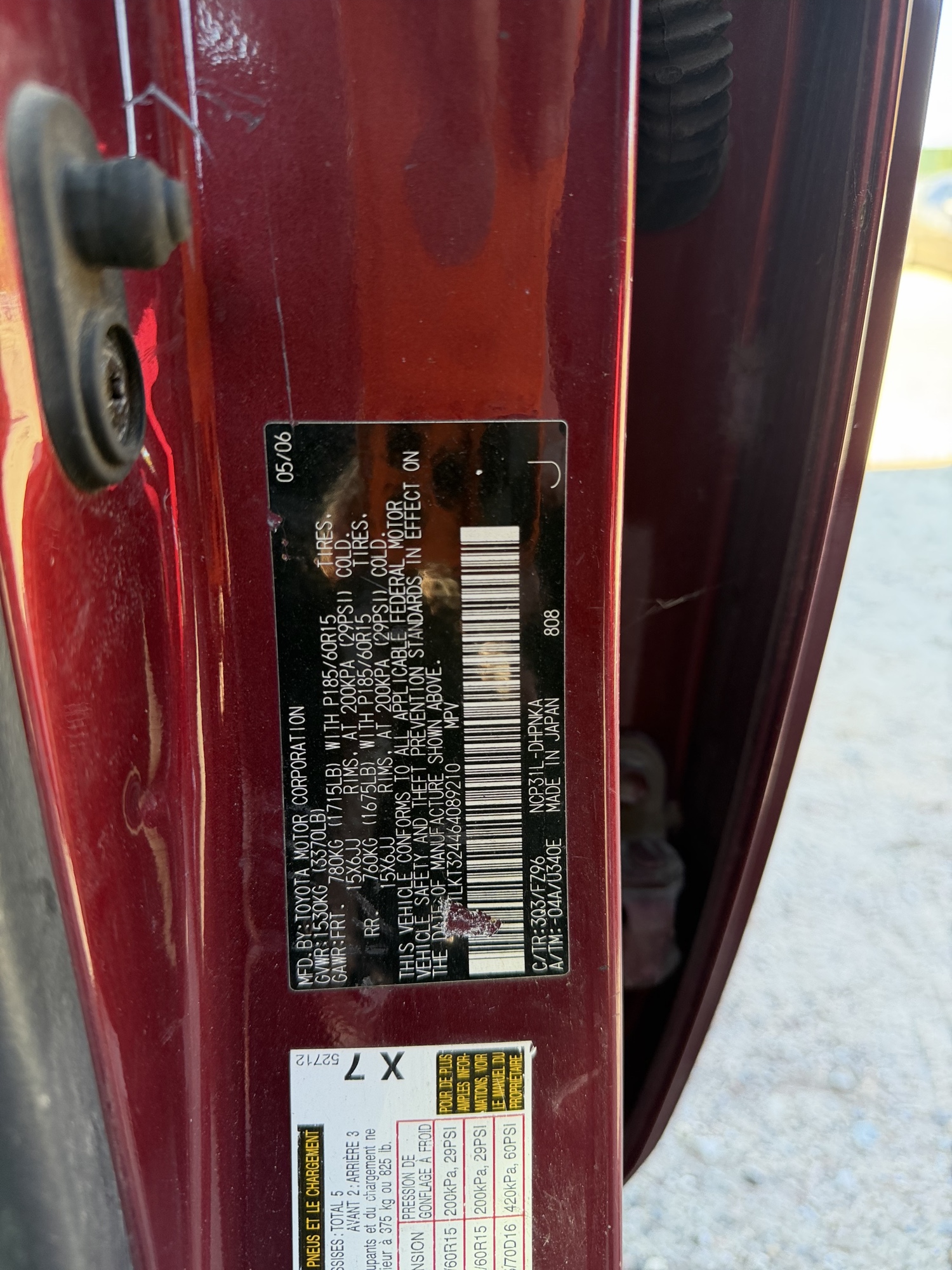 2006 scion xb wagon with 203036 miles for sale near Elk River, Minnesota 106646_47_door_vin_sticker.jpg
